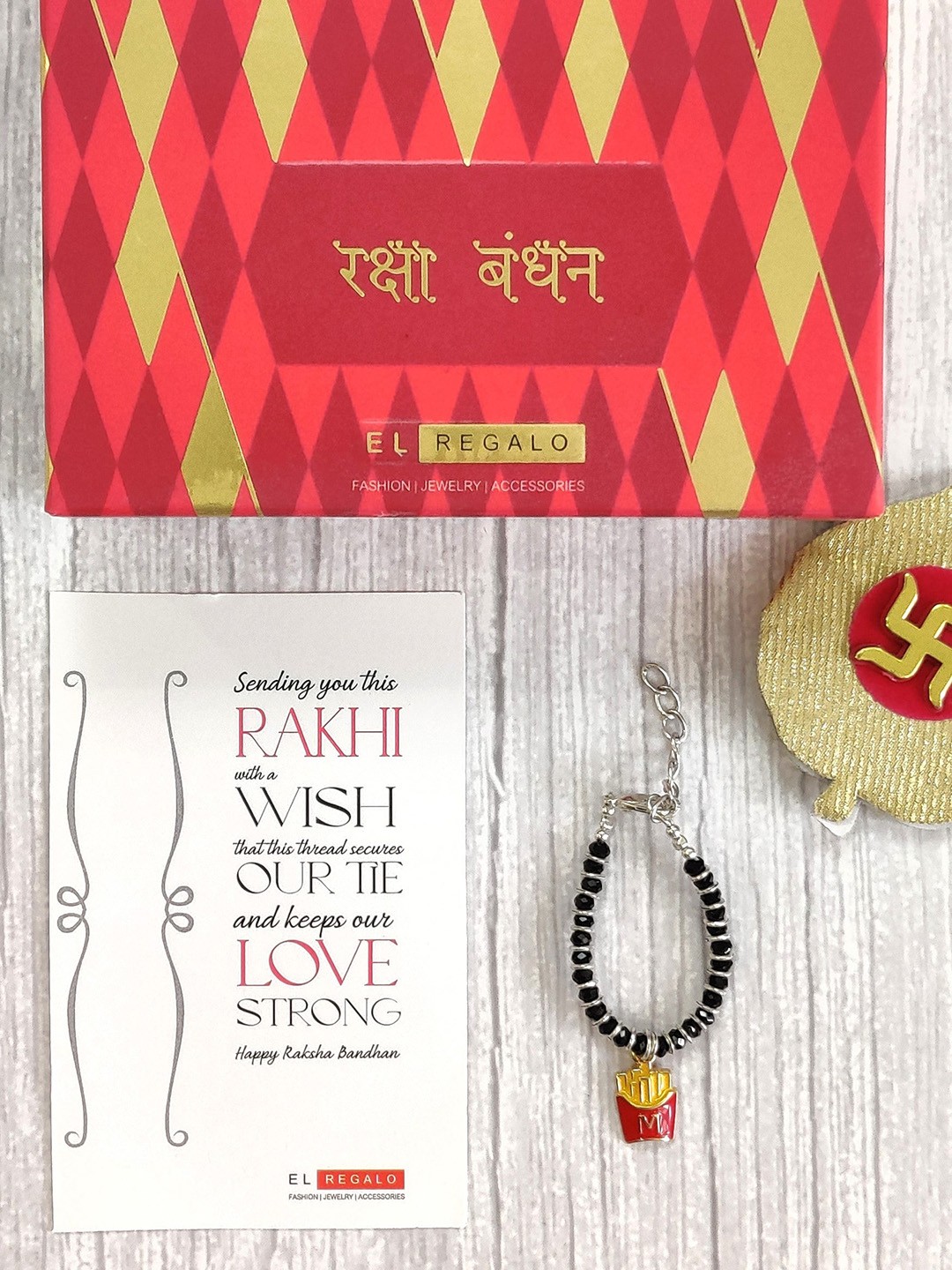 EL REGALO Kids Black & Red French Fries Rakhi With Roli Chawal & Card