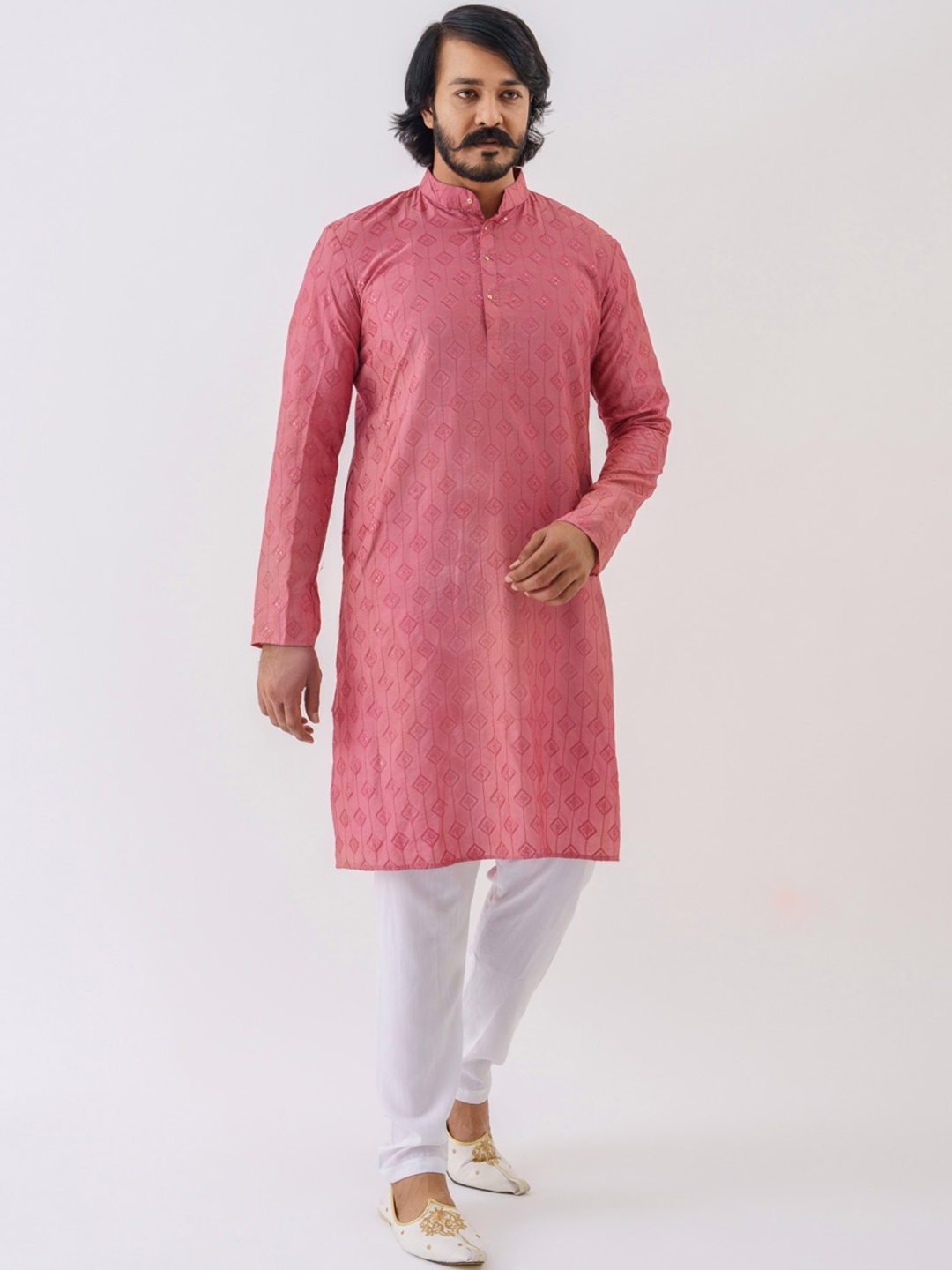 

amzira Men Pink Angrakha Kurta with Pyjamas & With Dupatta