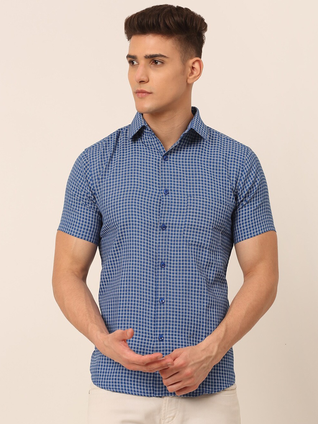 

JAINISH Men Blue Classic Pure Cotton Checked Casual Shirt