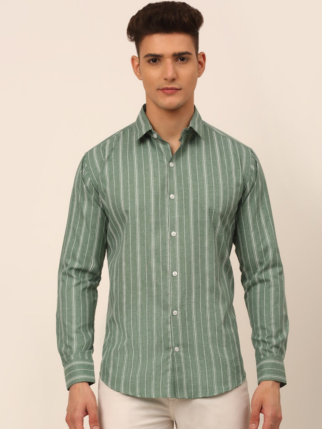 

JAINISH Men Green Classic Striped Casual Shirt