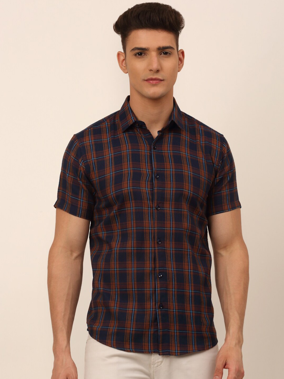 

JAINISH Men Orange Pure Cotton Classic Tartan Checks Checked Casual Shirt