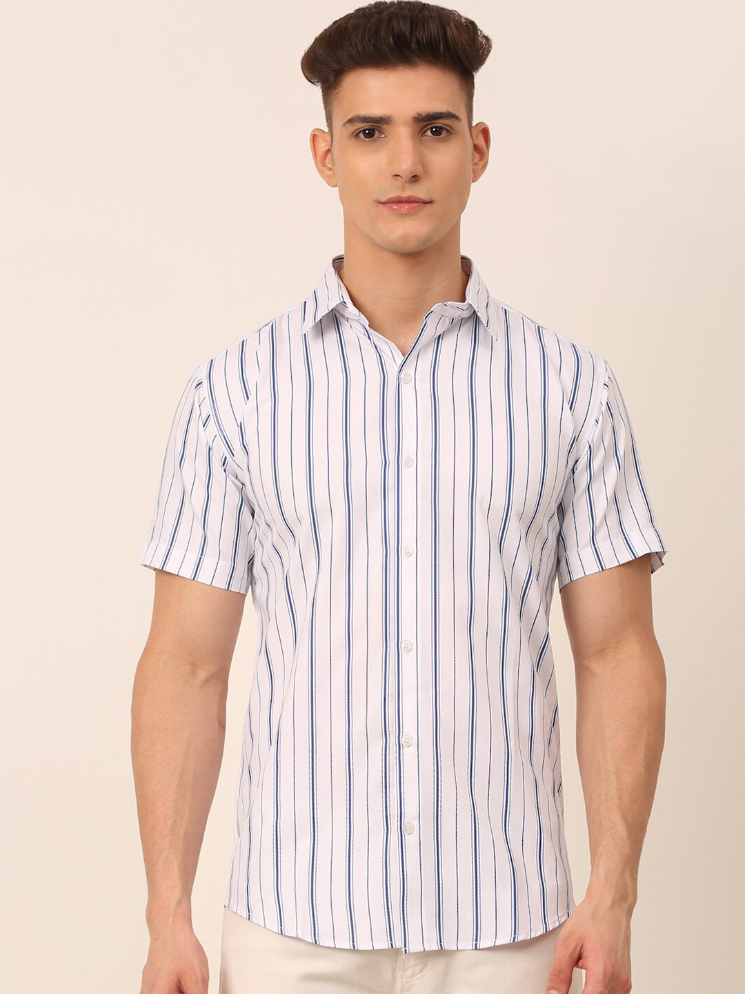 

JAINISH Men White Classic Striped Casual Shirt