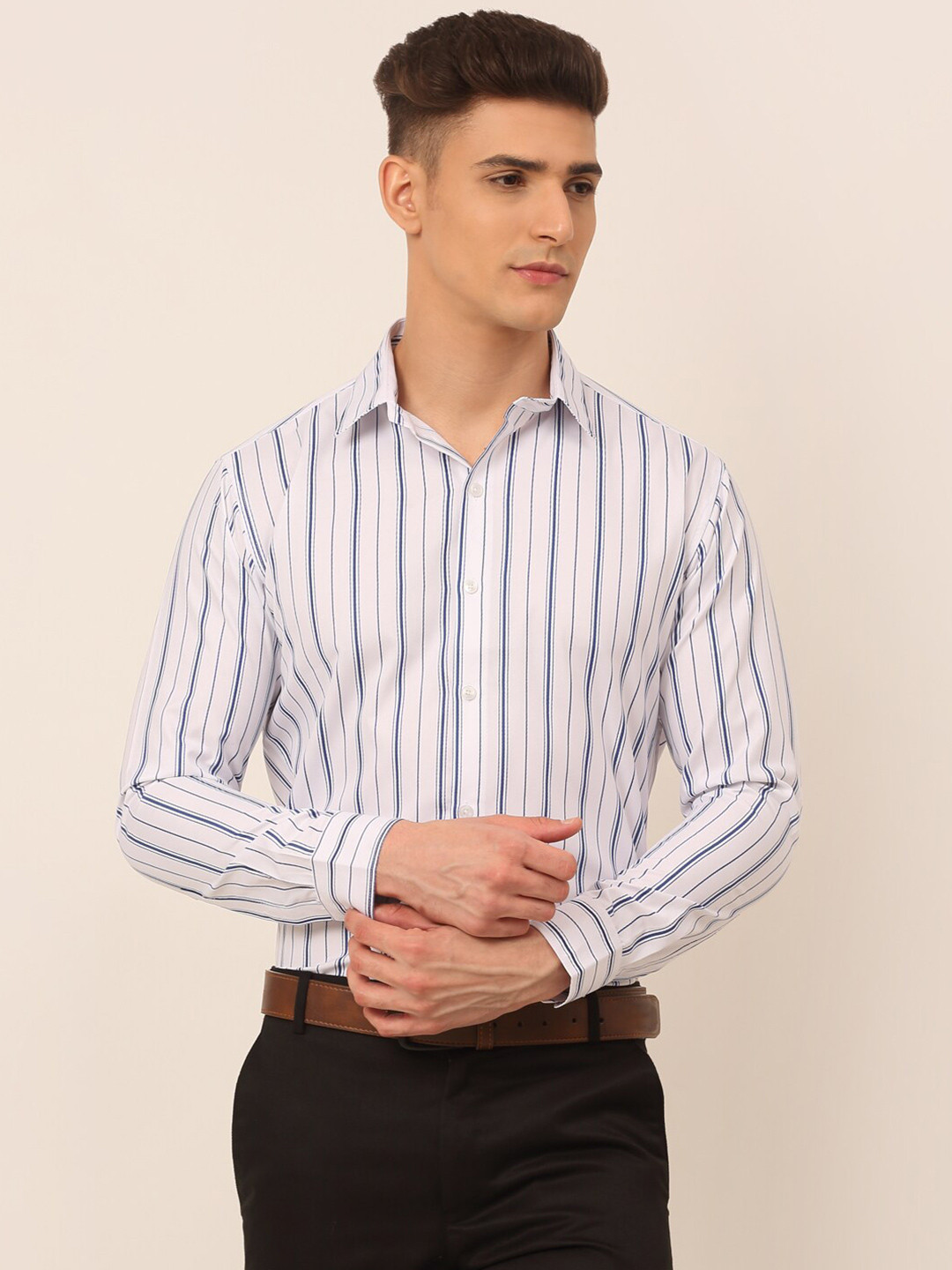

JAINISH Men White Classic Striped Formal Shirt