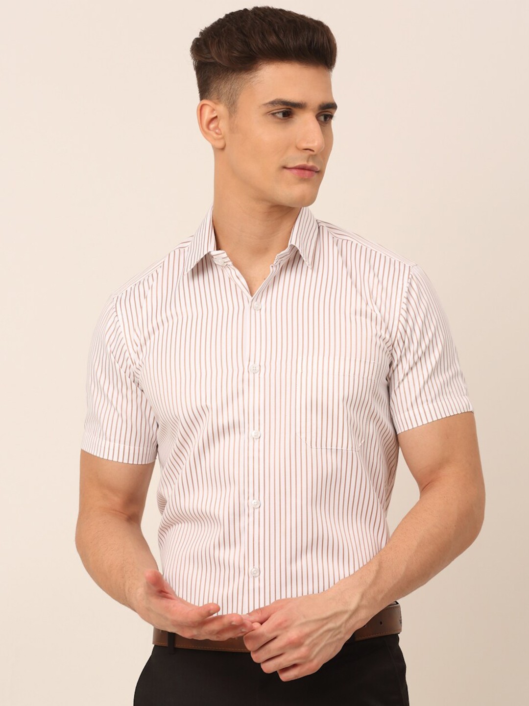 

JAINISH Men White Classic Striped Formal Shirt