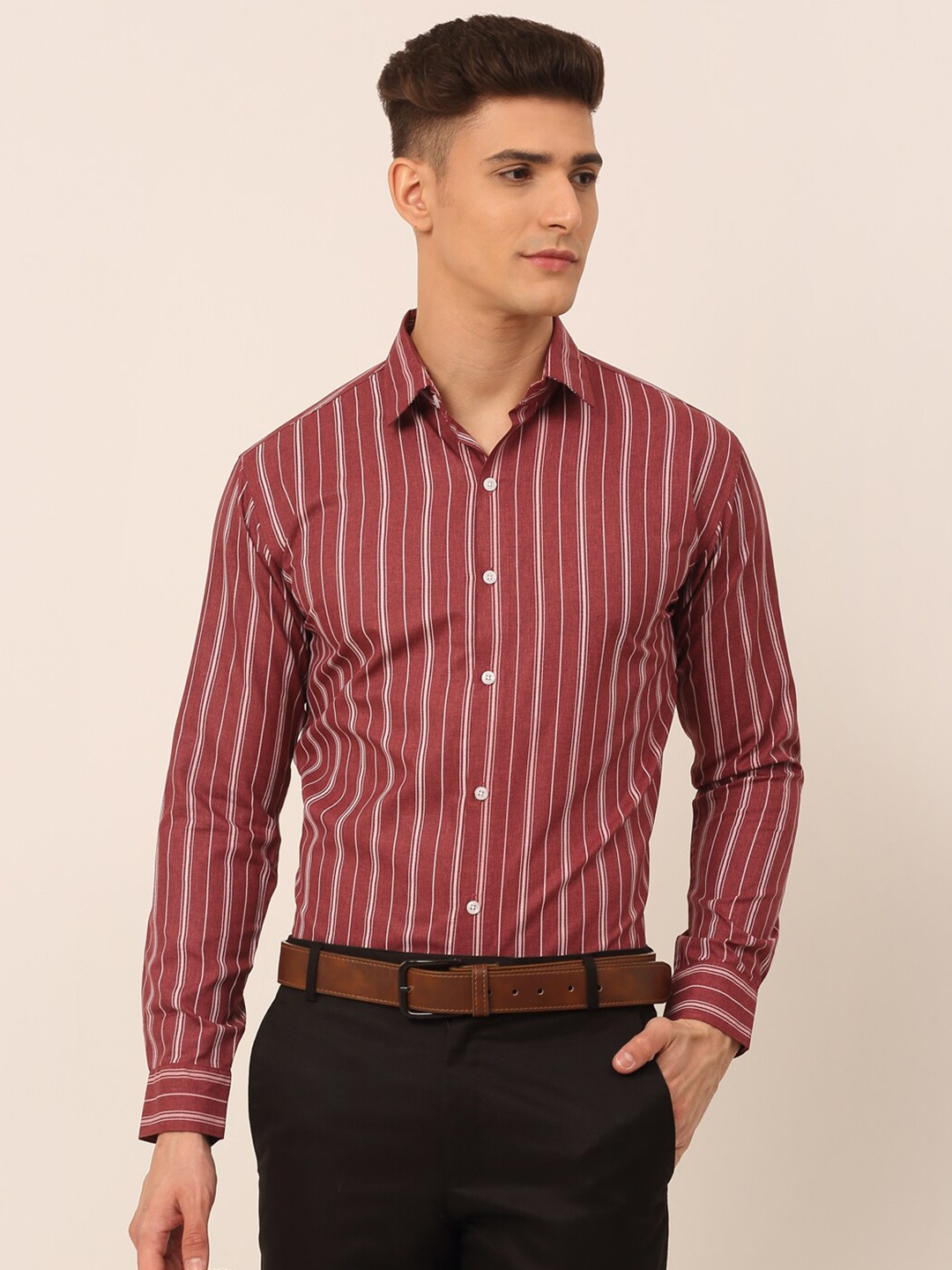 

JAINISH Men Regular Fit Maroon Classic Striped Formal Shirt