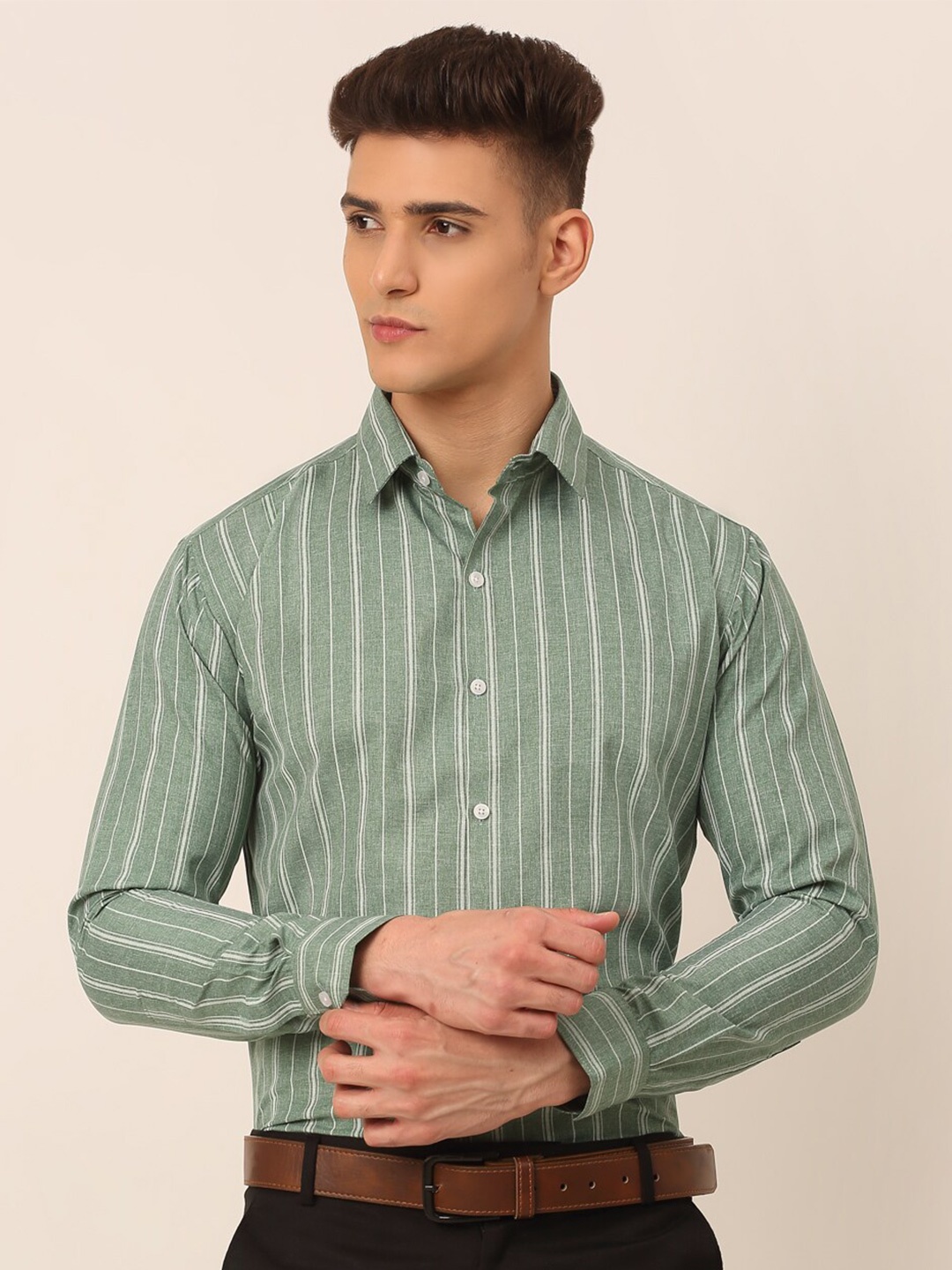 

JAINISH Men Regular Fit Green Classic Striped Formal Shirt
