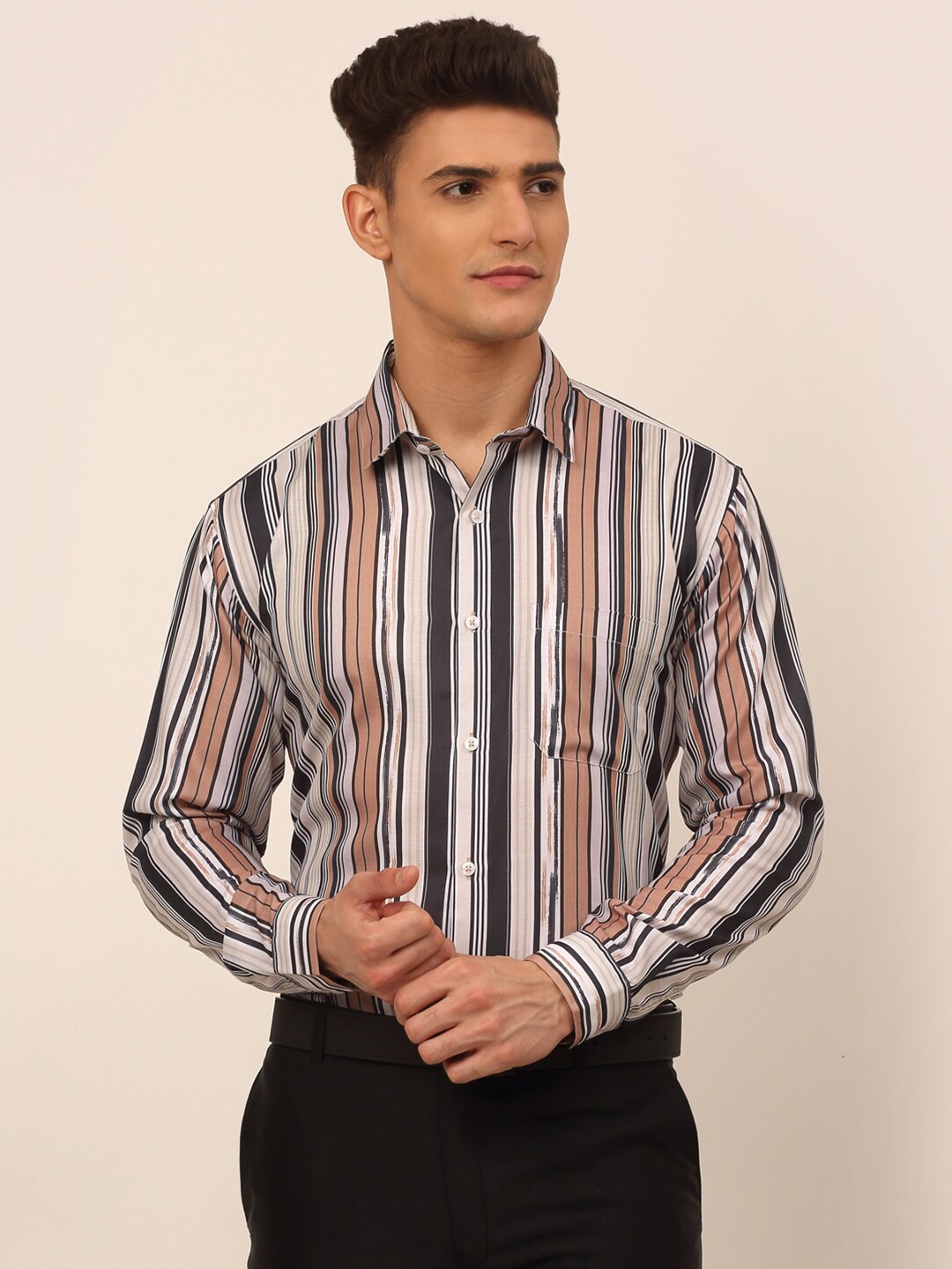

JAINISH Men Brown and Black Classic Striped Formal Shirt