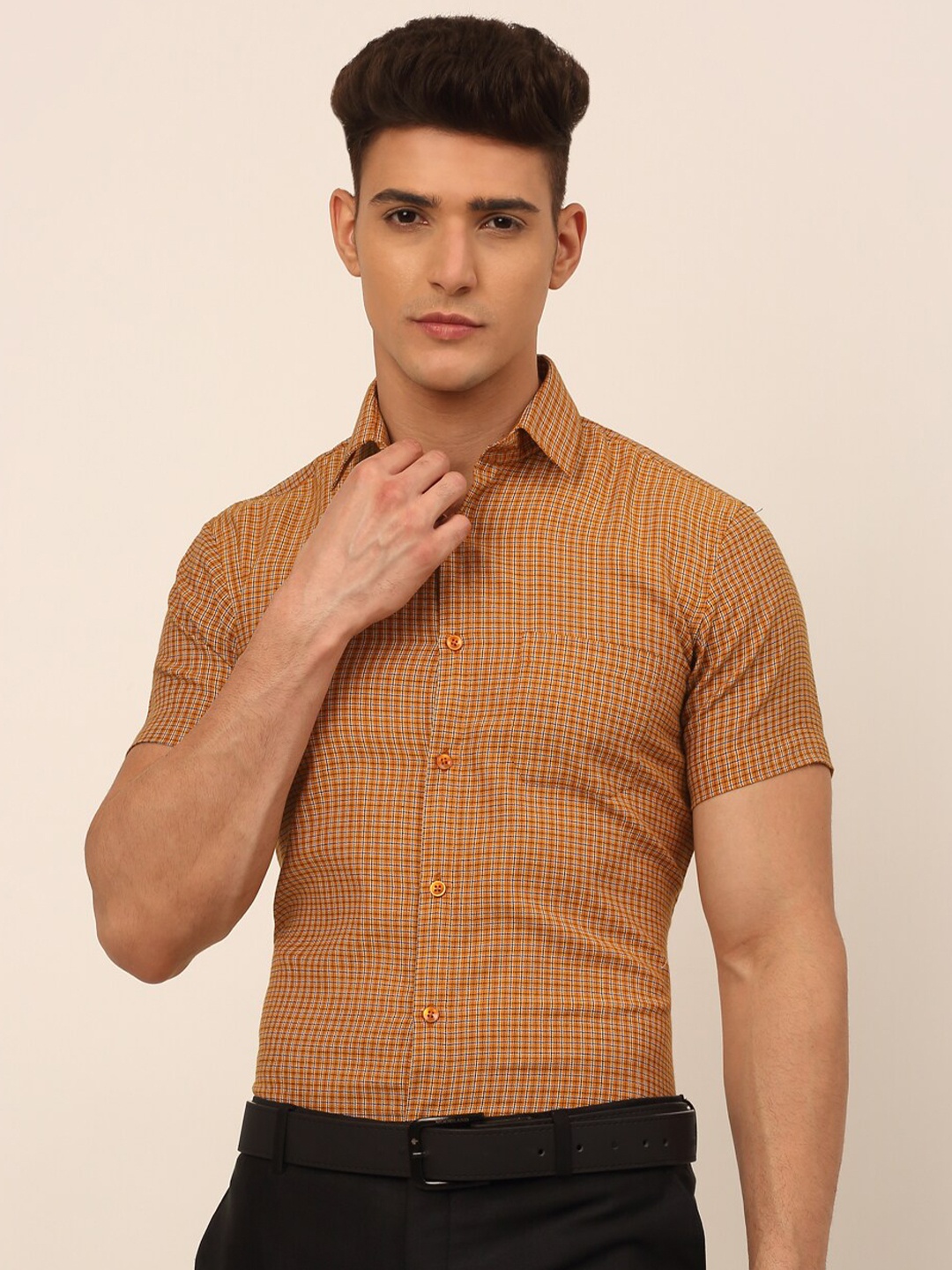 

JAINISH Men Mustard Classic Micro Checks Formal Shirt