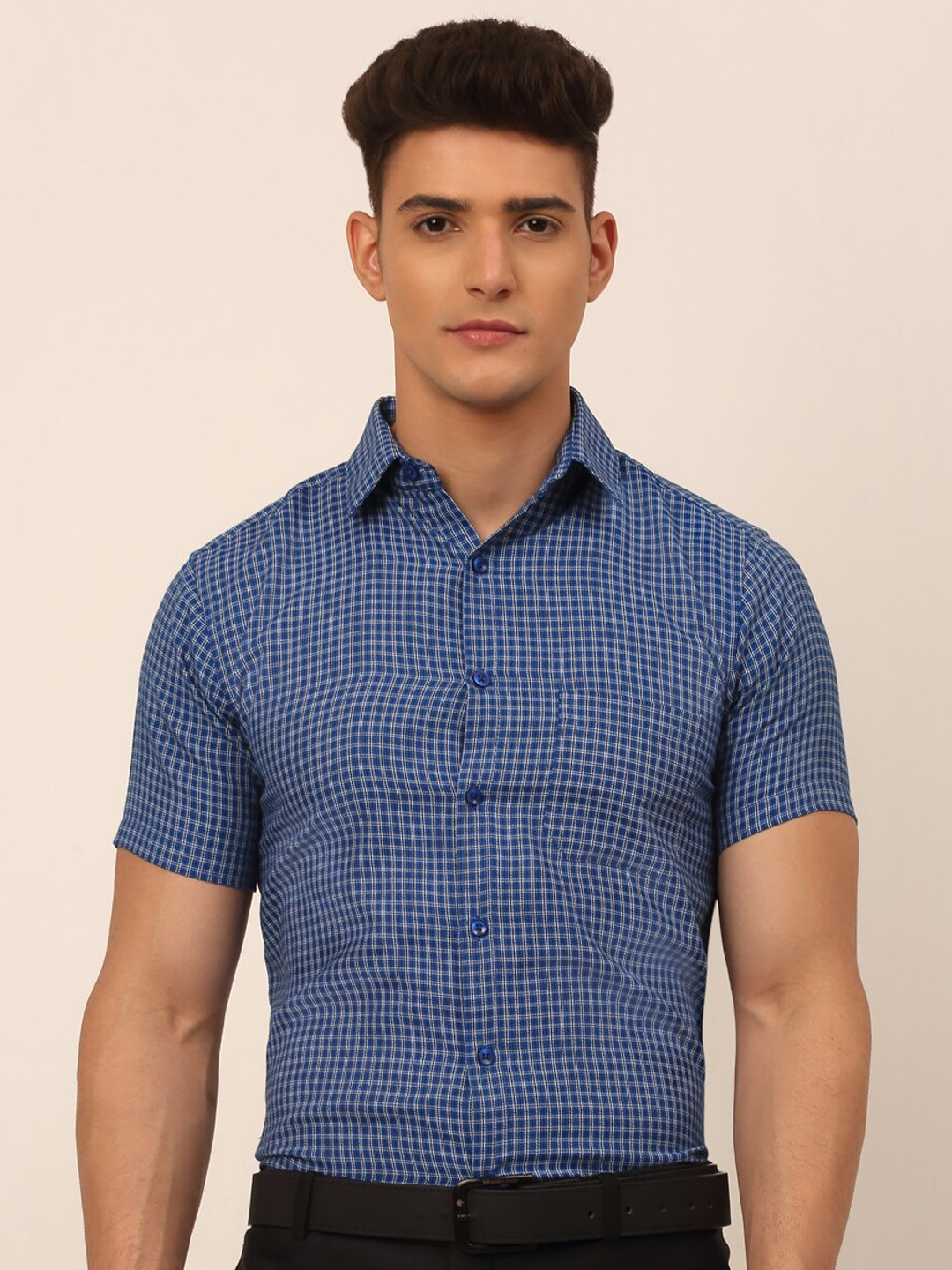 

JAINISH Men Blue Classic Micro Checks Printed Formal Shirt