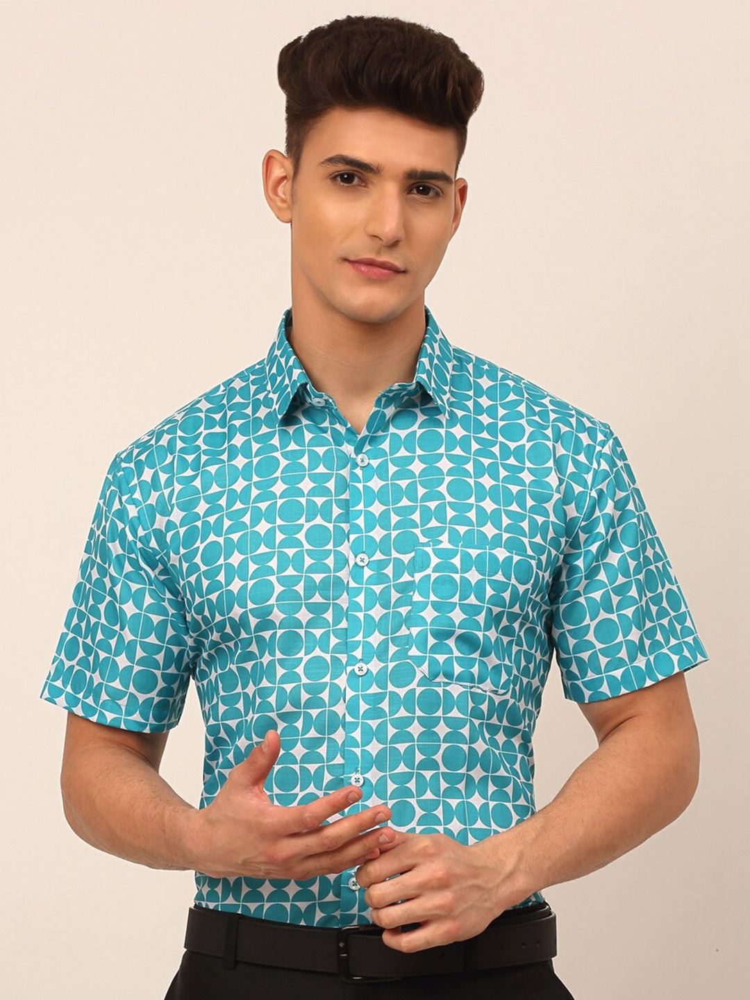 

JAINISH Men Turquoise Blue Classic Geometric Printed Formal Shirt