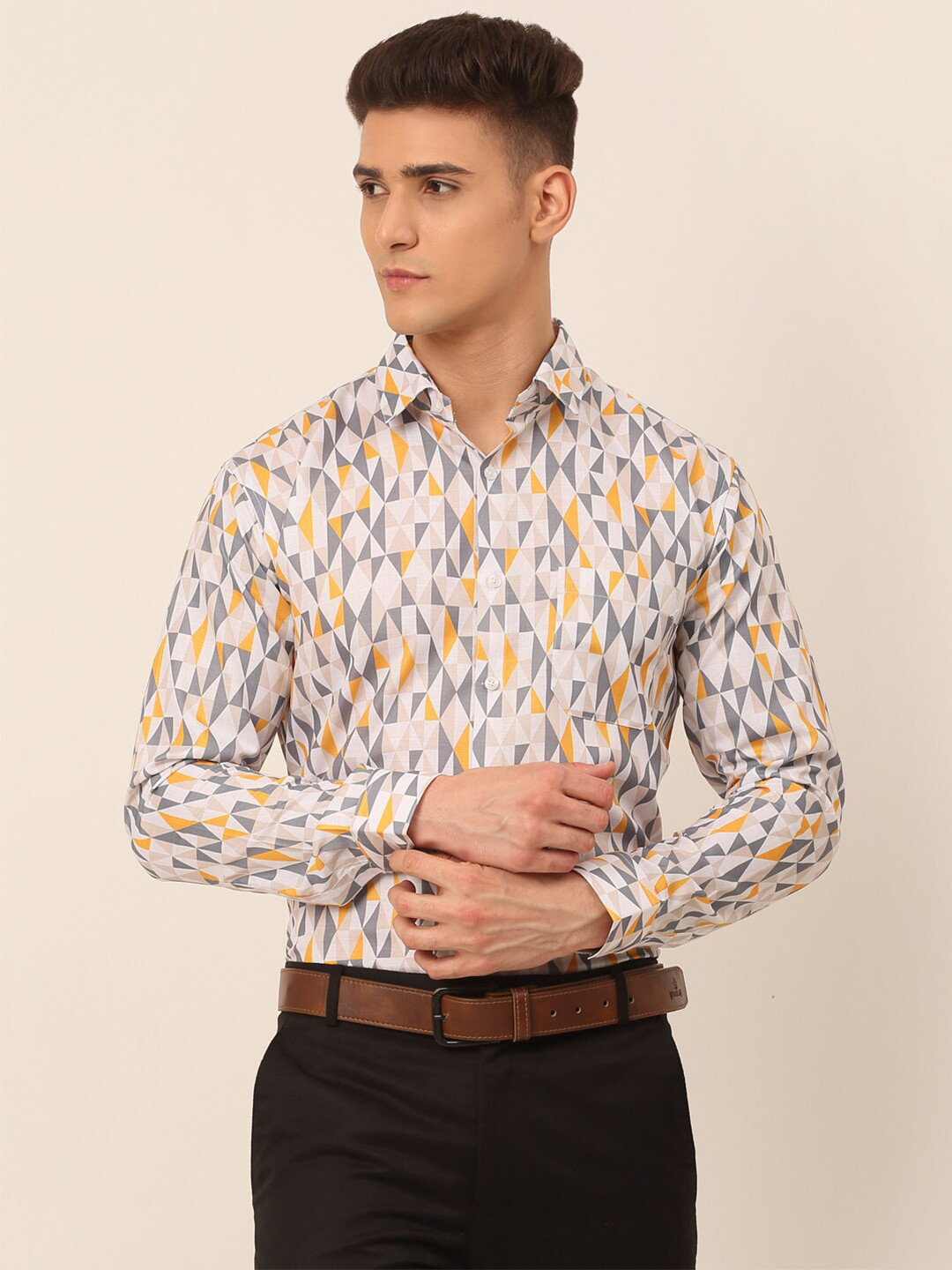 

JAINISH Men Grey and White Classic Printed Formal Shirt