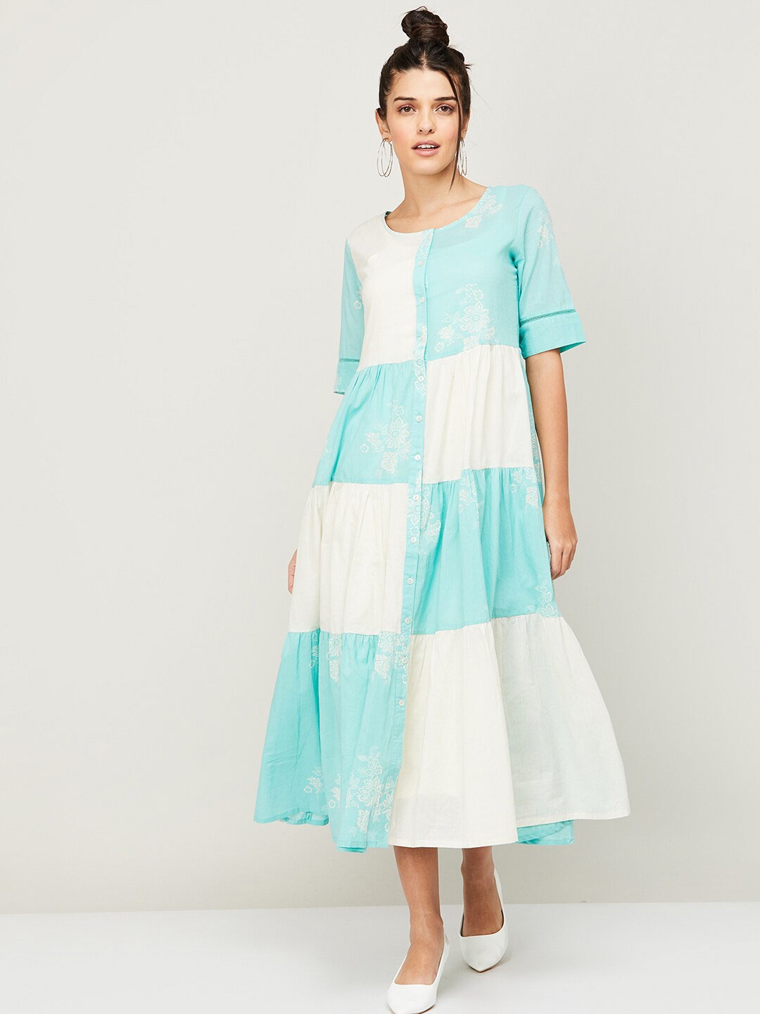 

Colour Me by Melange White & Blue Floral A-Line Midi Dress