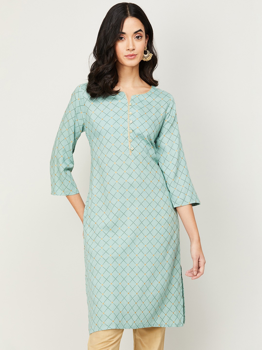 

Melange by Lifestyle Women Green & Beige Geometric Kurta