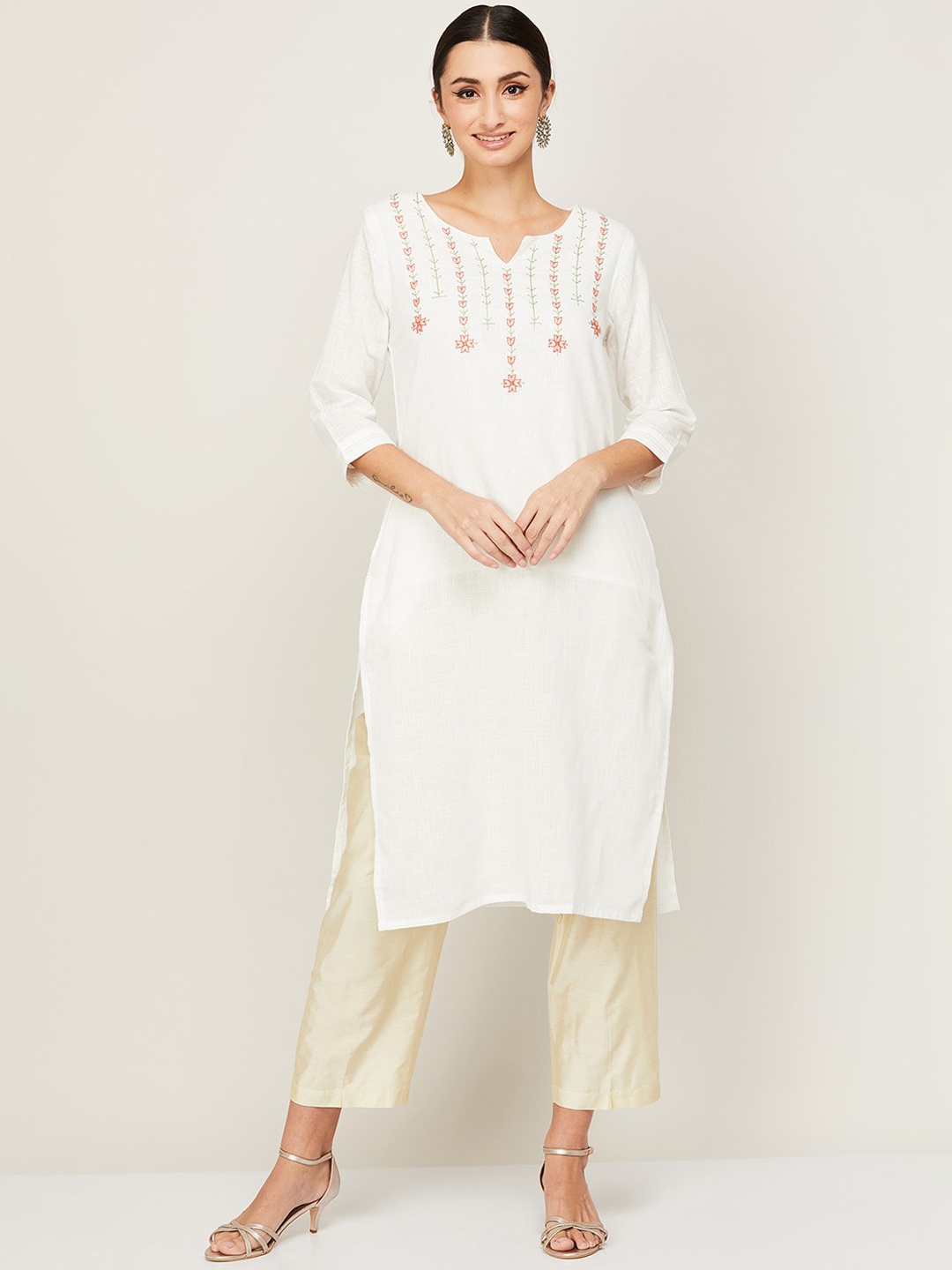 

Melange by Lifestyle Women White & Red Floral Embroidered Kurta