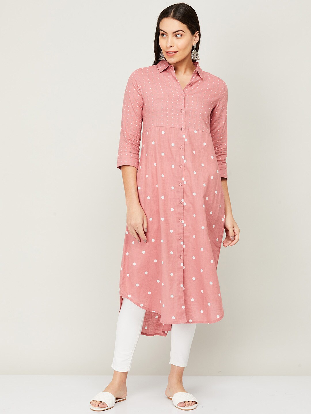 

Colour Me by Melange Women Pink & Off White Shirt Collar Printed Tunic