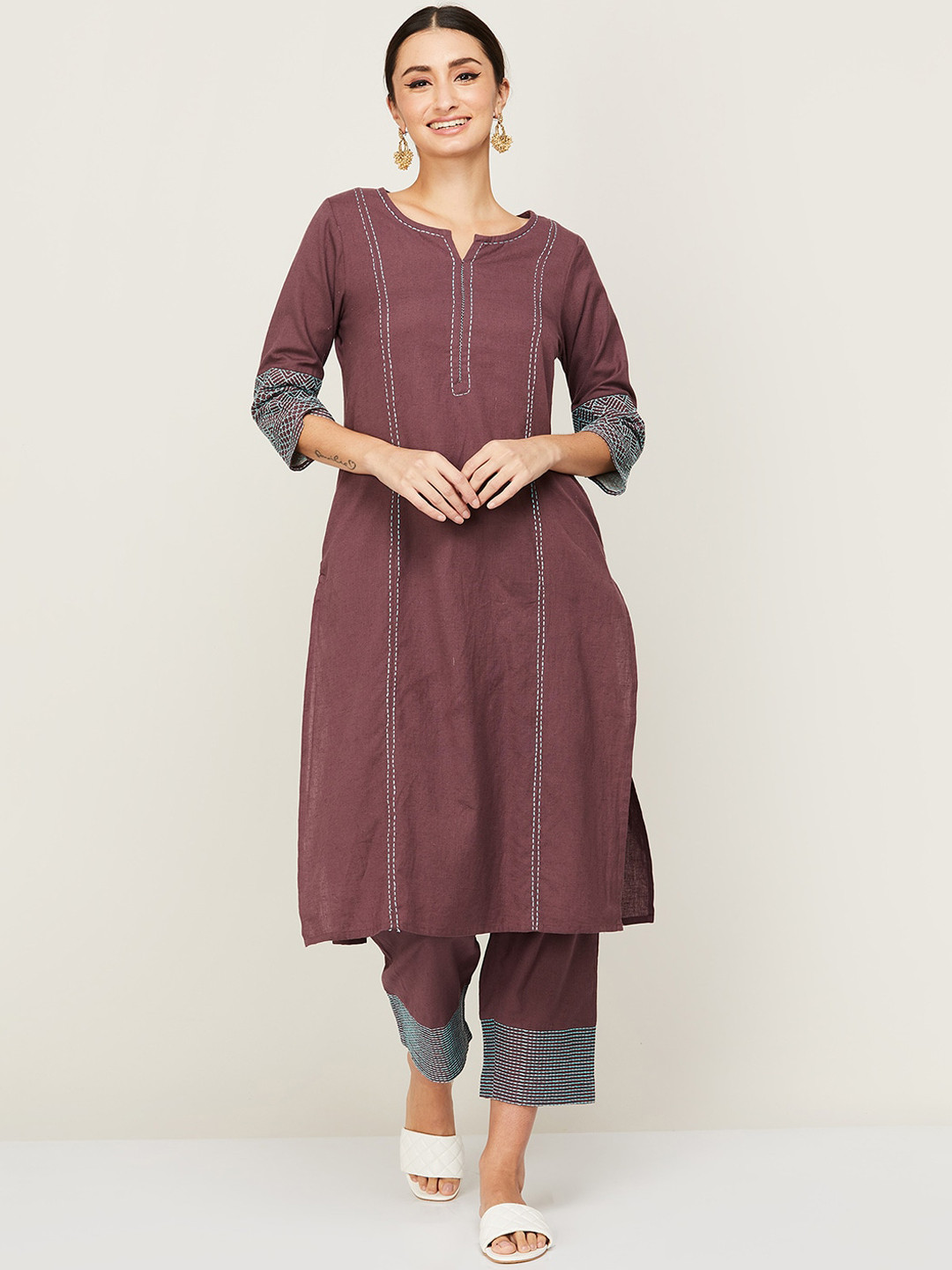 

Melange by Lifestyle Women Mauve Pure Cotton Kurta with Trousers