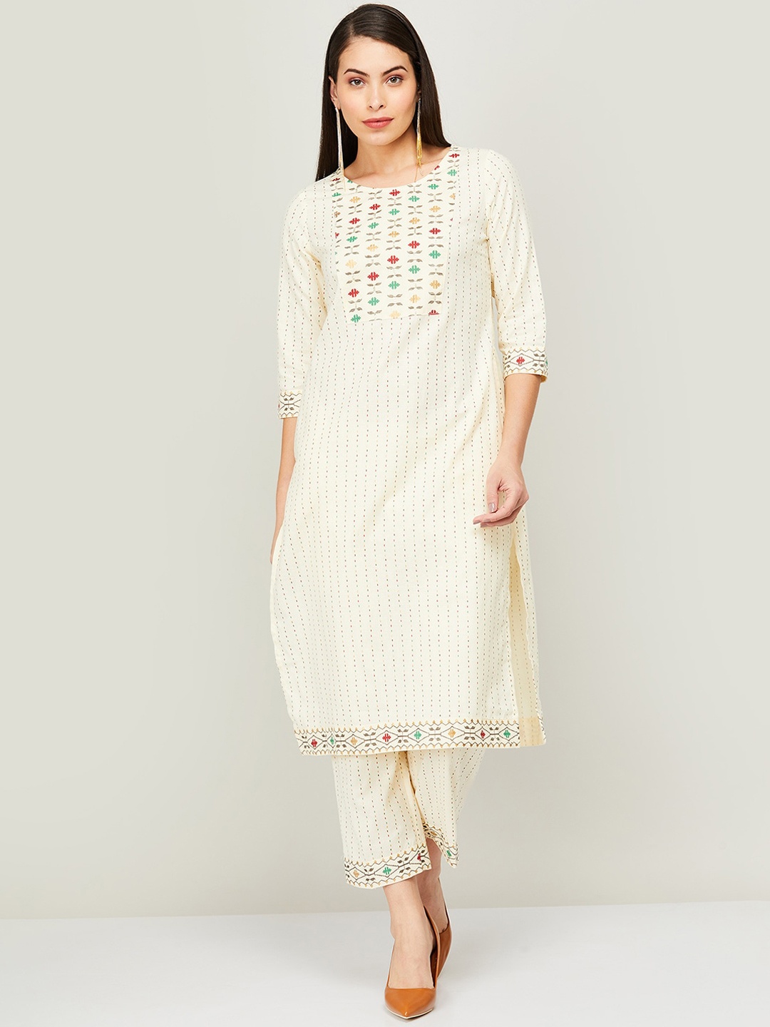 

Melange by Lifestyle Women Off White Yoke Design Pure Cotton Kurta with Trousers