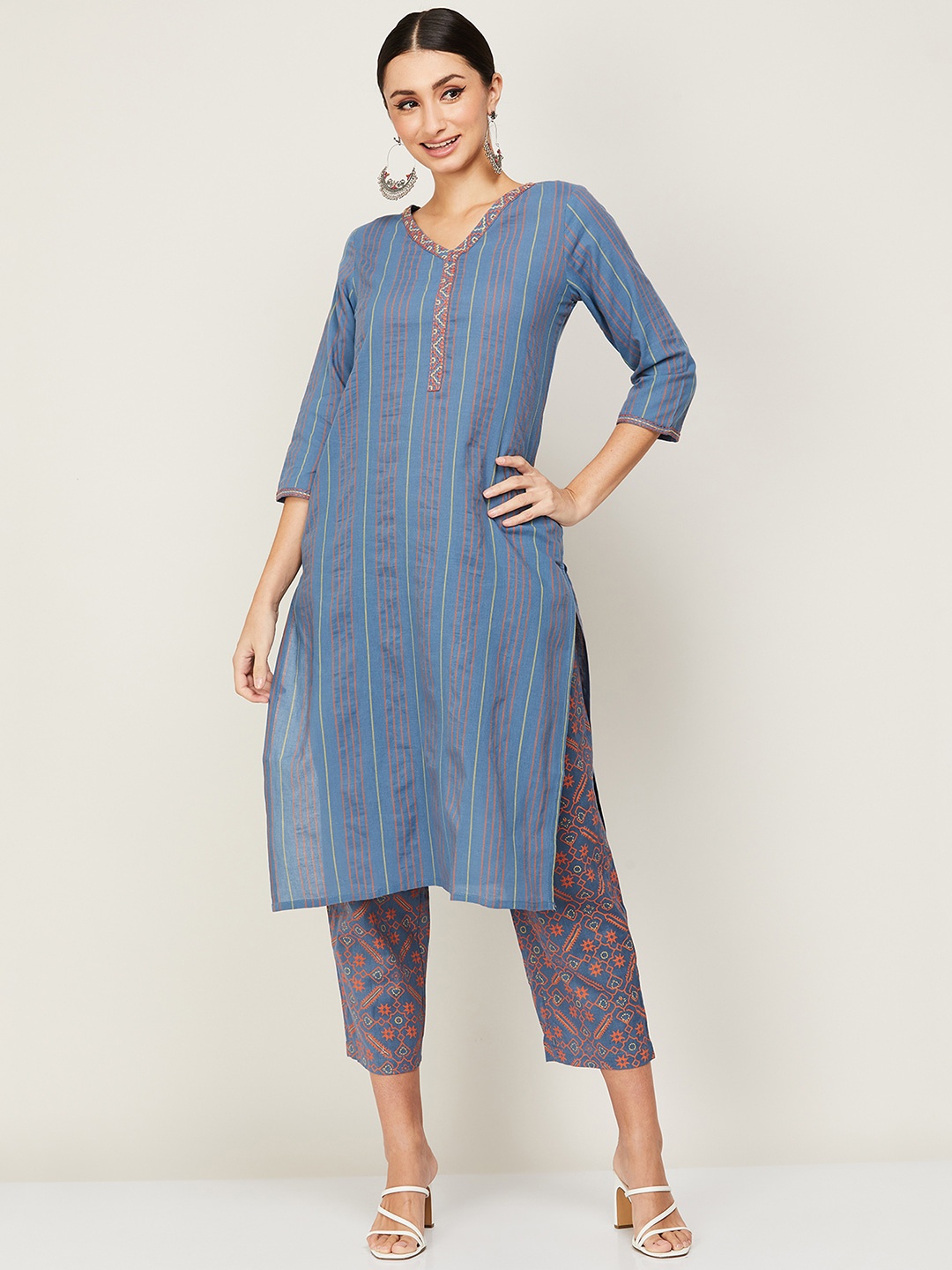 

Melange by Lifestyle Women Blue Striped Pure Cotton Kurta With Trouser