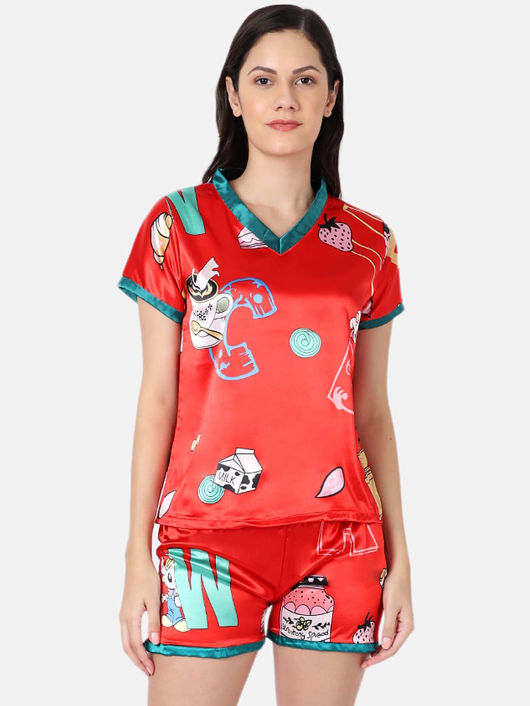 

GRACIT Women Red & Blue Printed Night suit-NNS19-03-Red