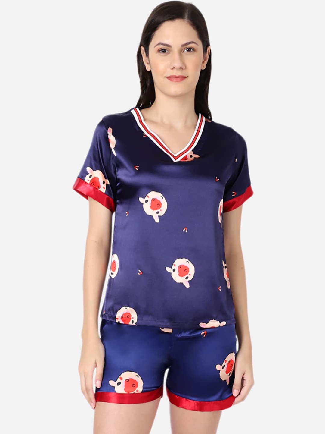 

GRACIT Women Navy Blue & Red Printed Night suit