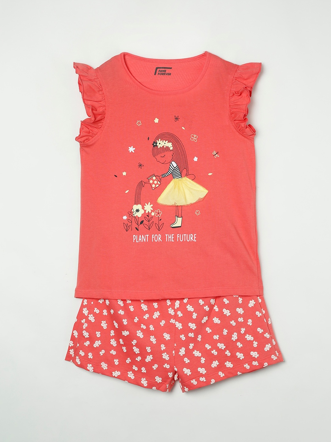 

Fame Forever by Lifestyle Girls Coral & Off White Printed Top with Shorts