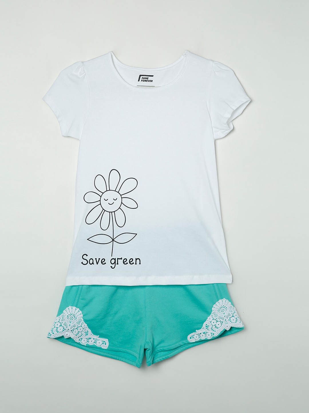 

Fame Forever by Lifestyle Girls White & Green Printed Top with Shorts
