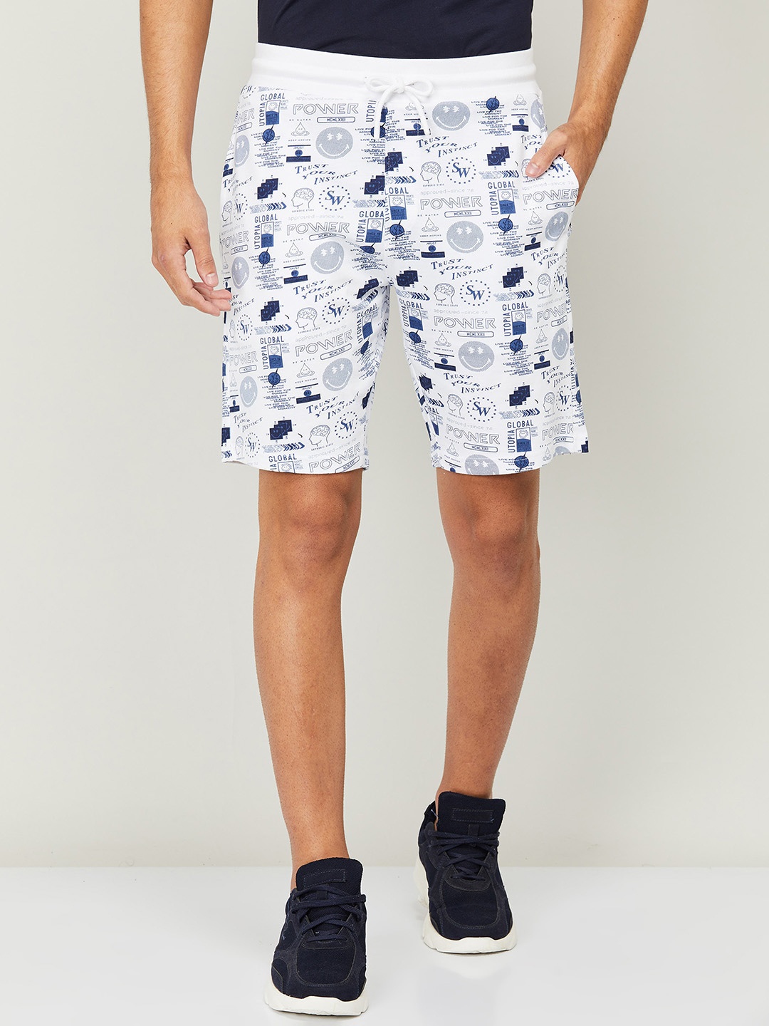 

SmileyWorld Men White Printed Mid-Rise Regular Fit Shorts