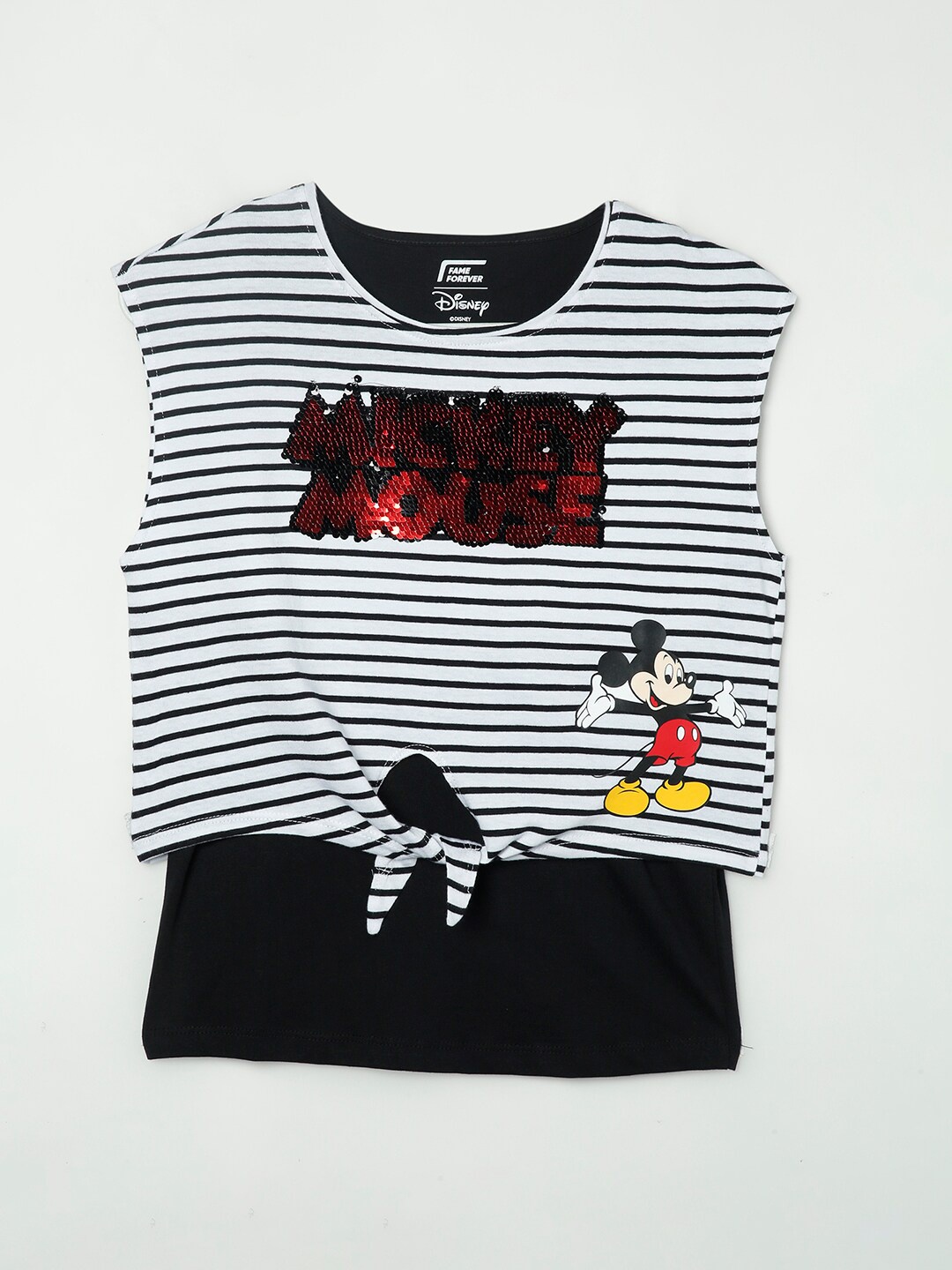 

Fame Forever by Lifestyle White Striped Mickey Mouse Print Top