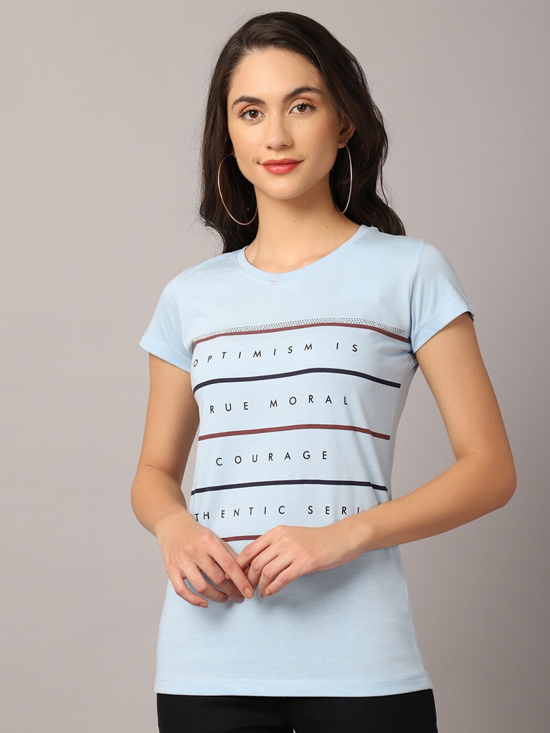

Cantabil Women Blue Typography Printed Raw Edge T-shirt