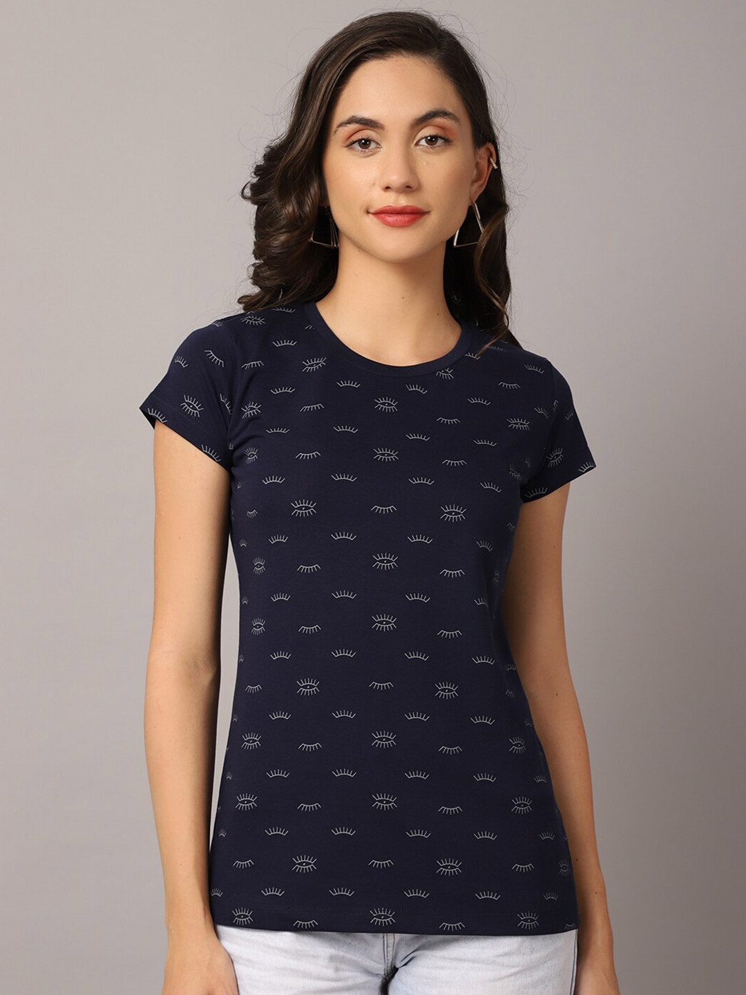 

Crozo By Cantabil Women Navy Blue Printed T-shirt