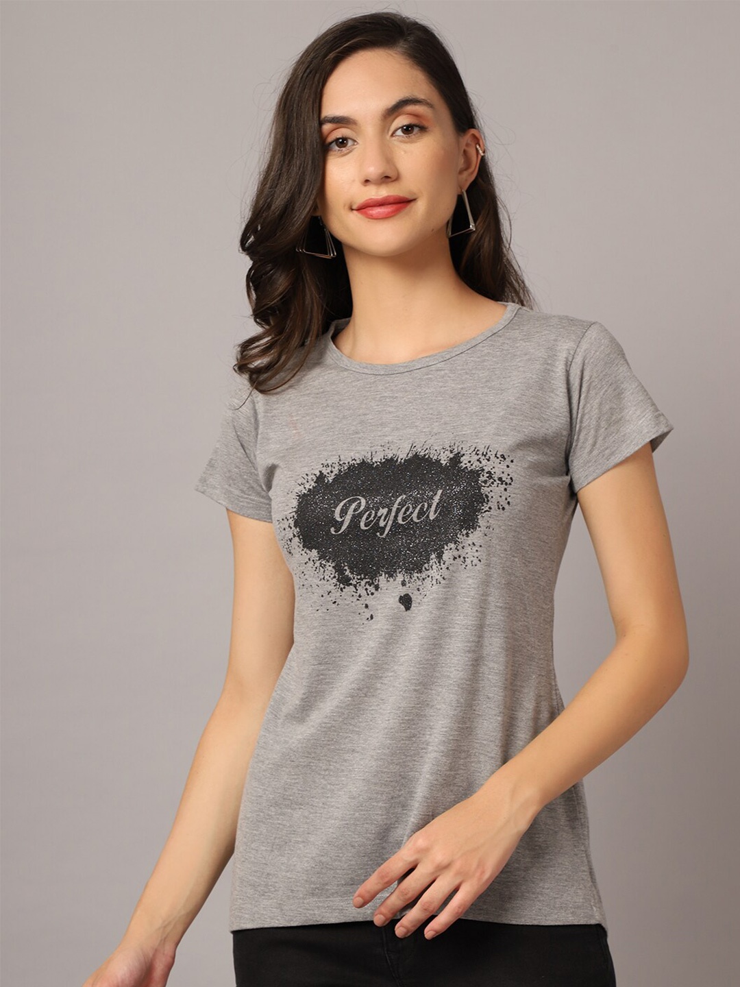 

Crozo By Cantabil Women Grey Typography Printed T-shirt