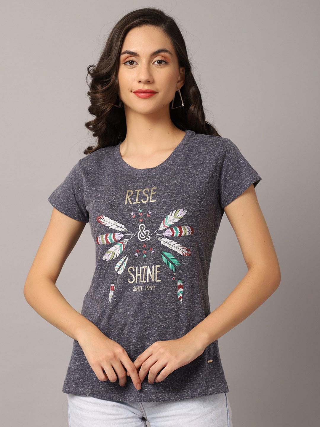 

Crozo By Cantabil Women Navy Blue Printed Tropical T-shirt, Grey