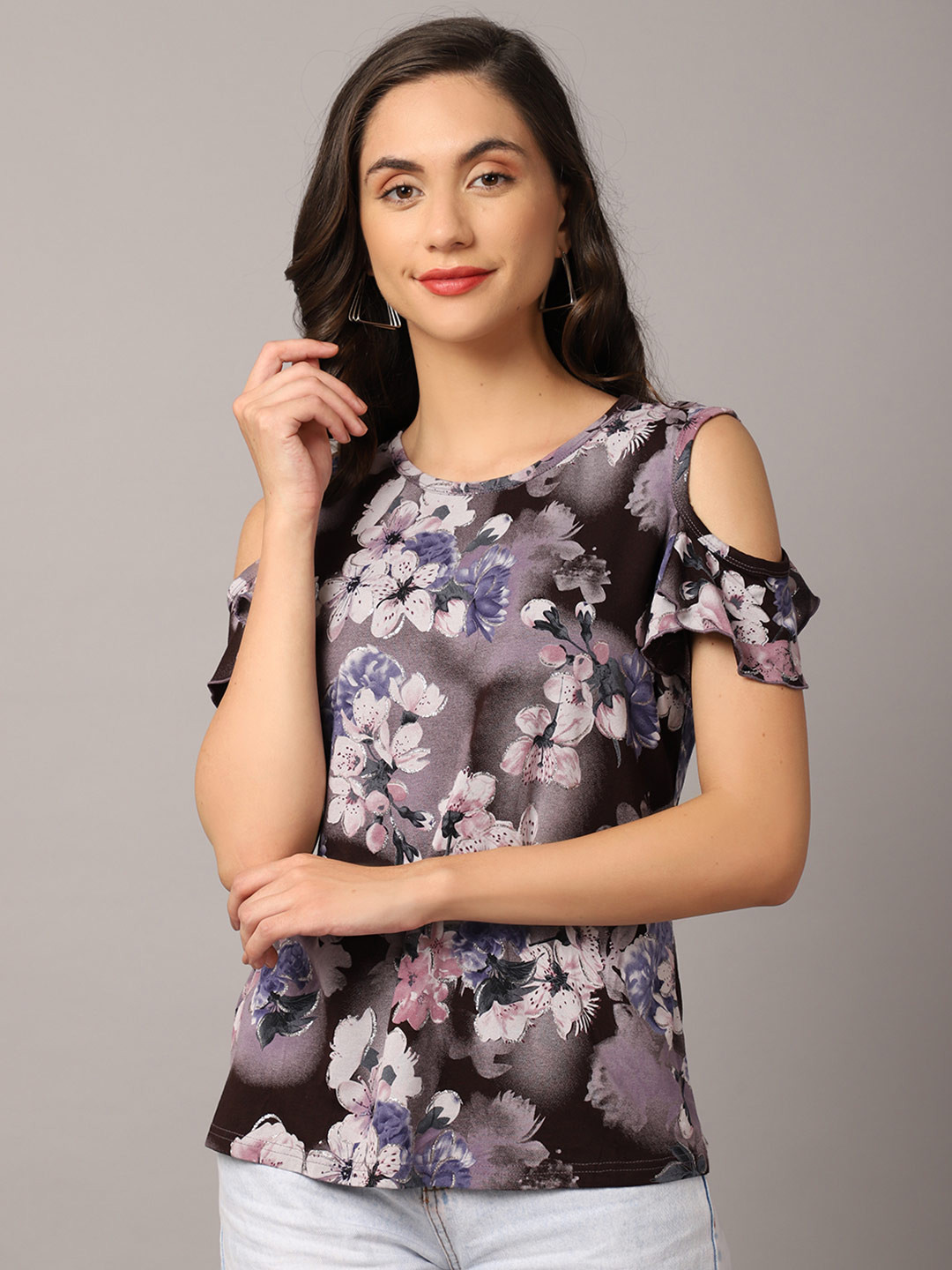 

Crozo By Cantabil Grey & Blue Floral Print Top