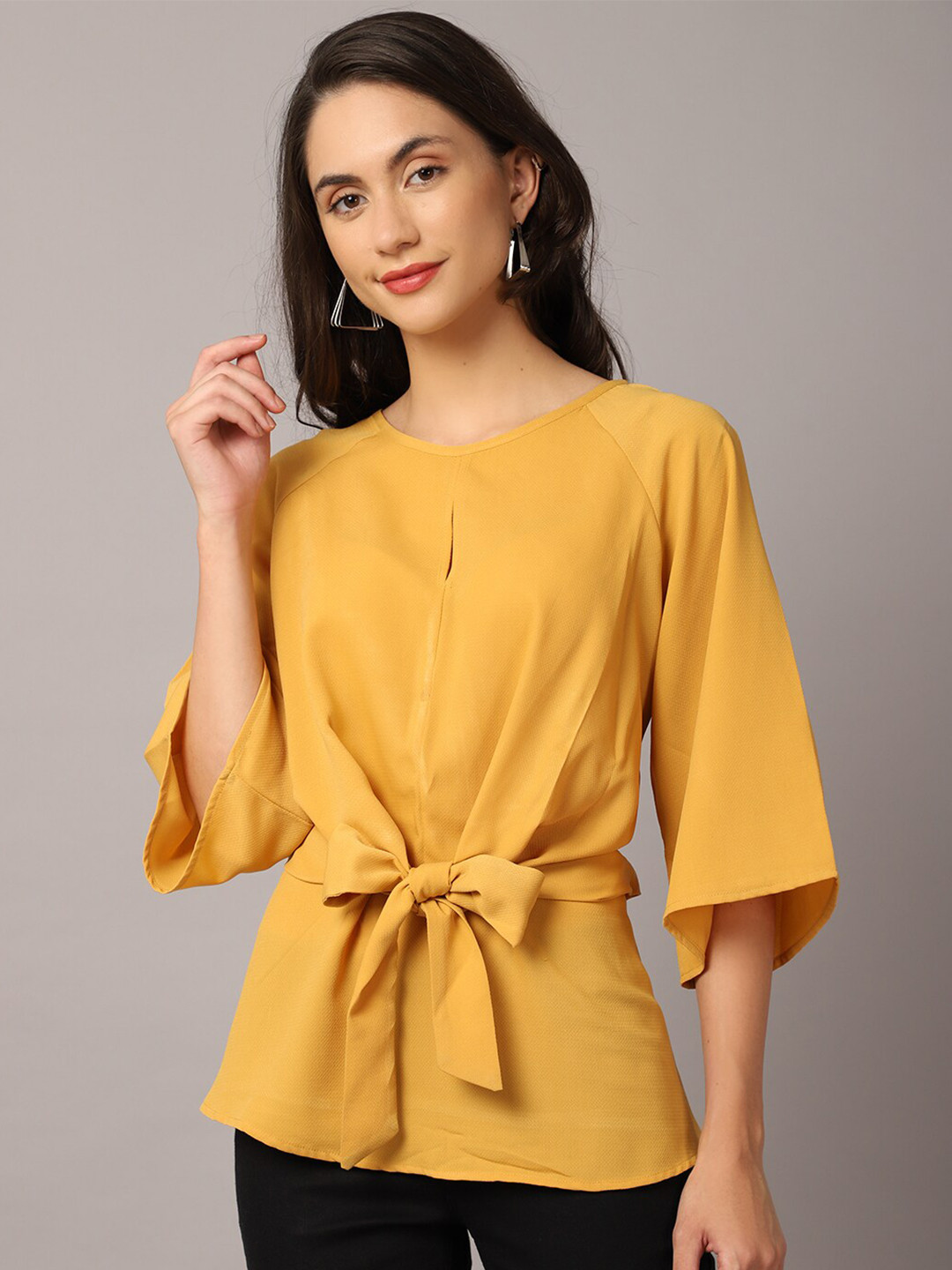 

Crozo By Cantabil Mustard Yellow Cinched Waist Top