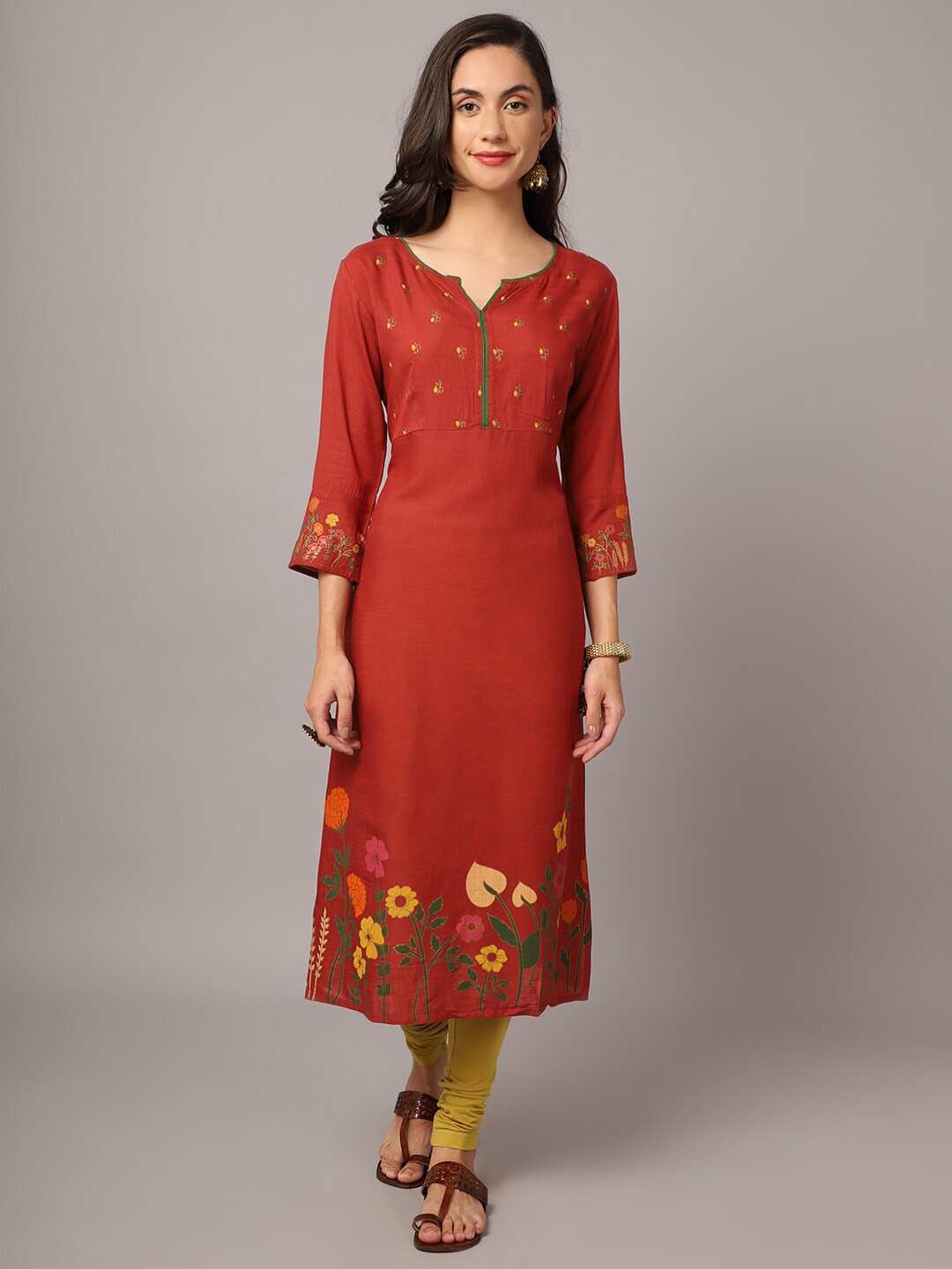 

Crozo By Cantabil Women Rust & Yellow Floral Printed Floral Kurta