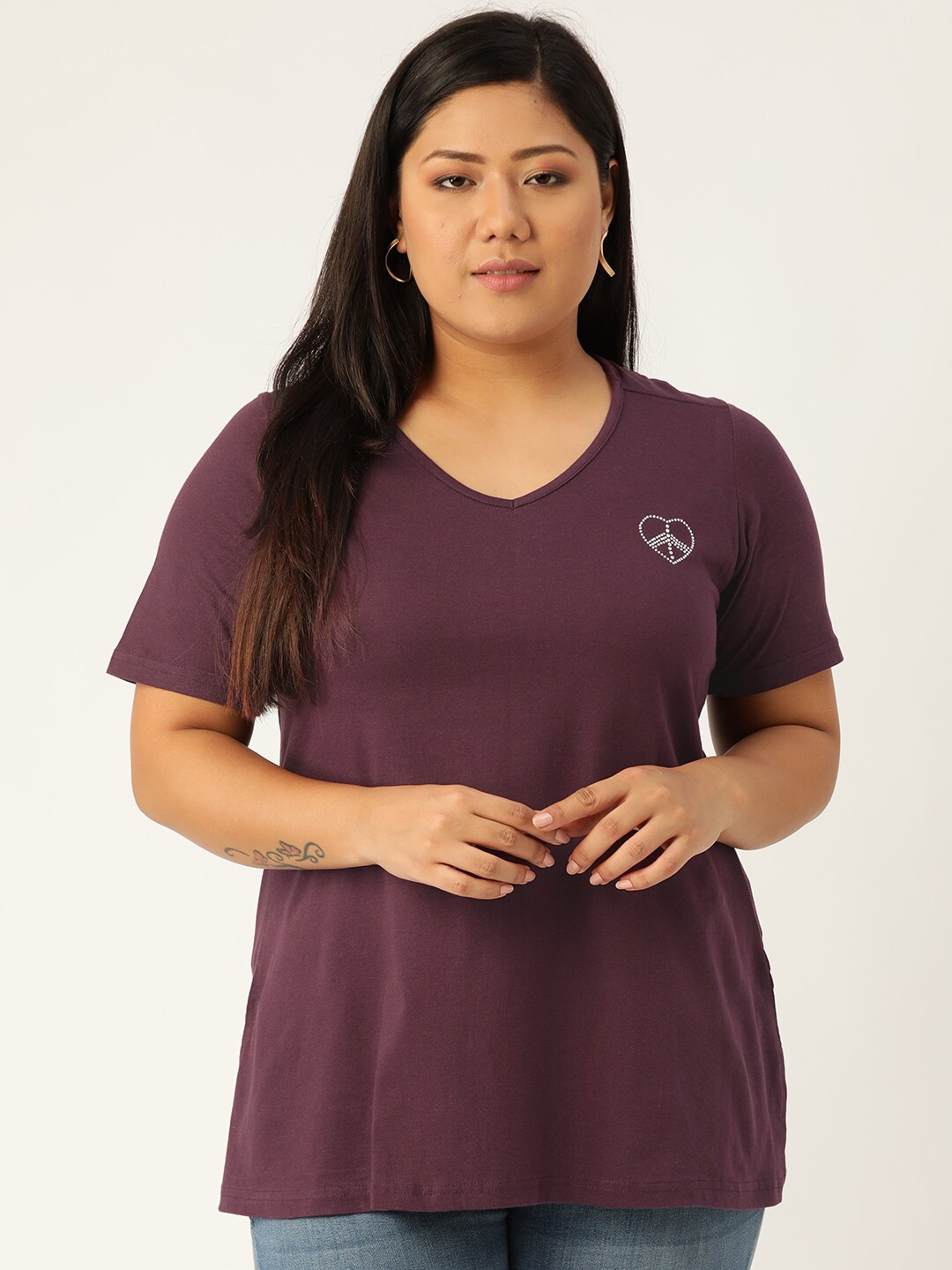 

theRebelinme Women Purple V-Neck Plus Size Cotton T-shirt