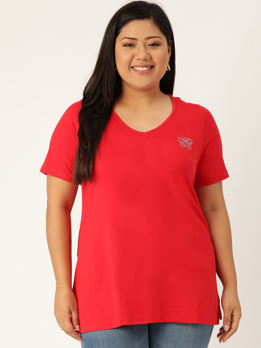 

theRebelinme Women Plus Size Red Solid V-Neck T-shirt