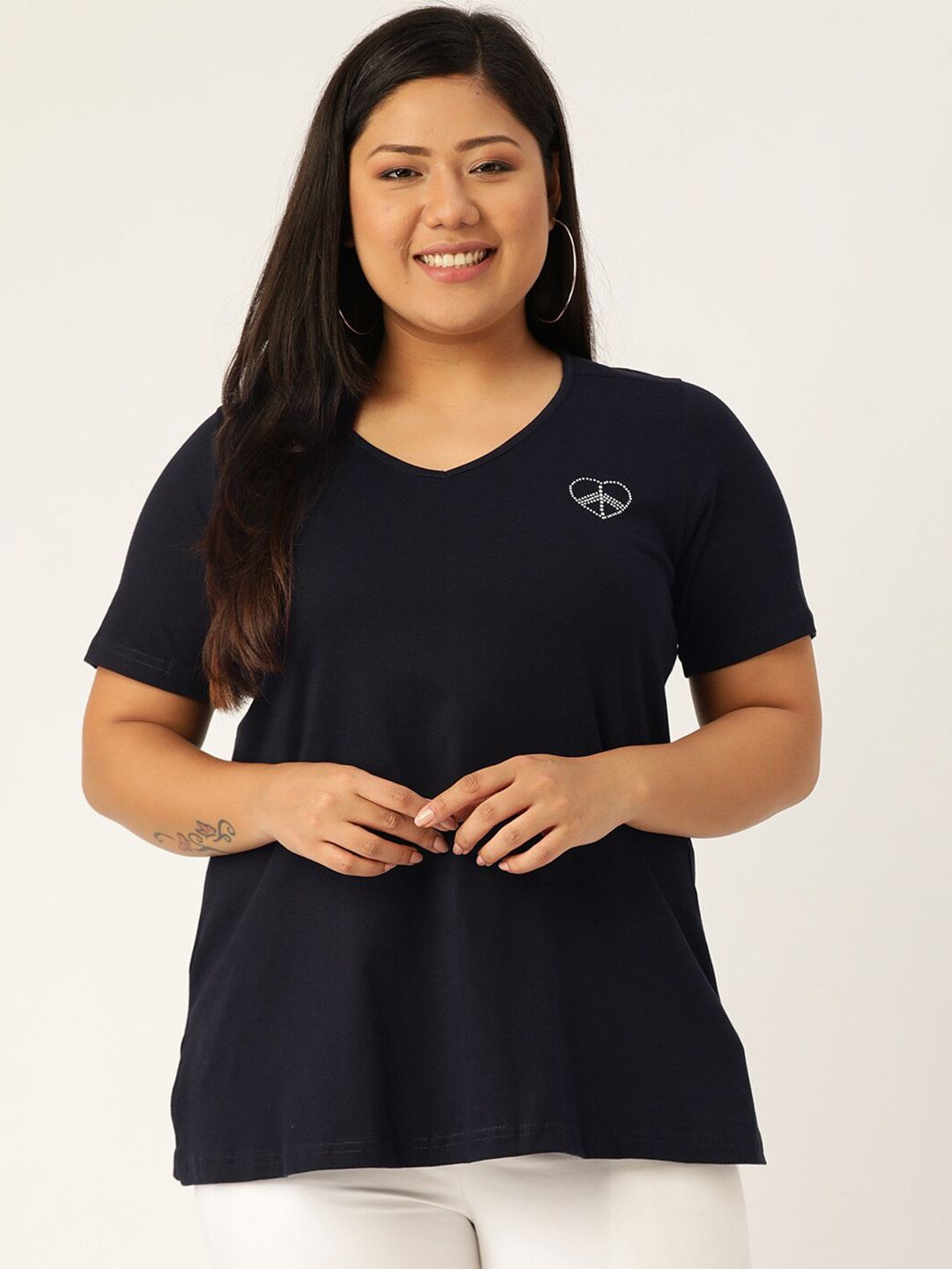 

theRebelinme Women Plus Size Navy Blue Solid V-Neck T-shirt