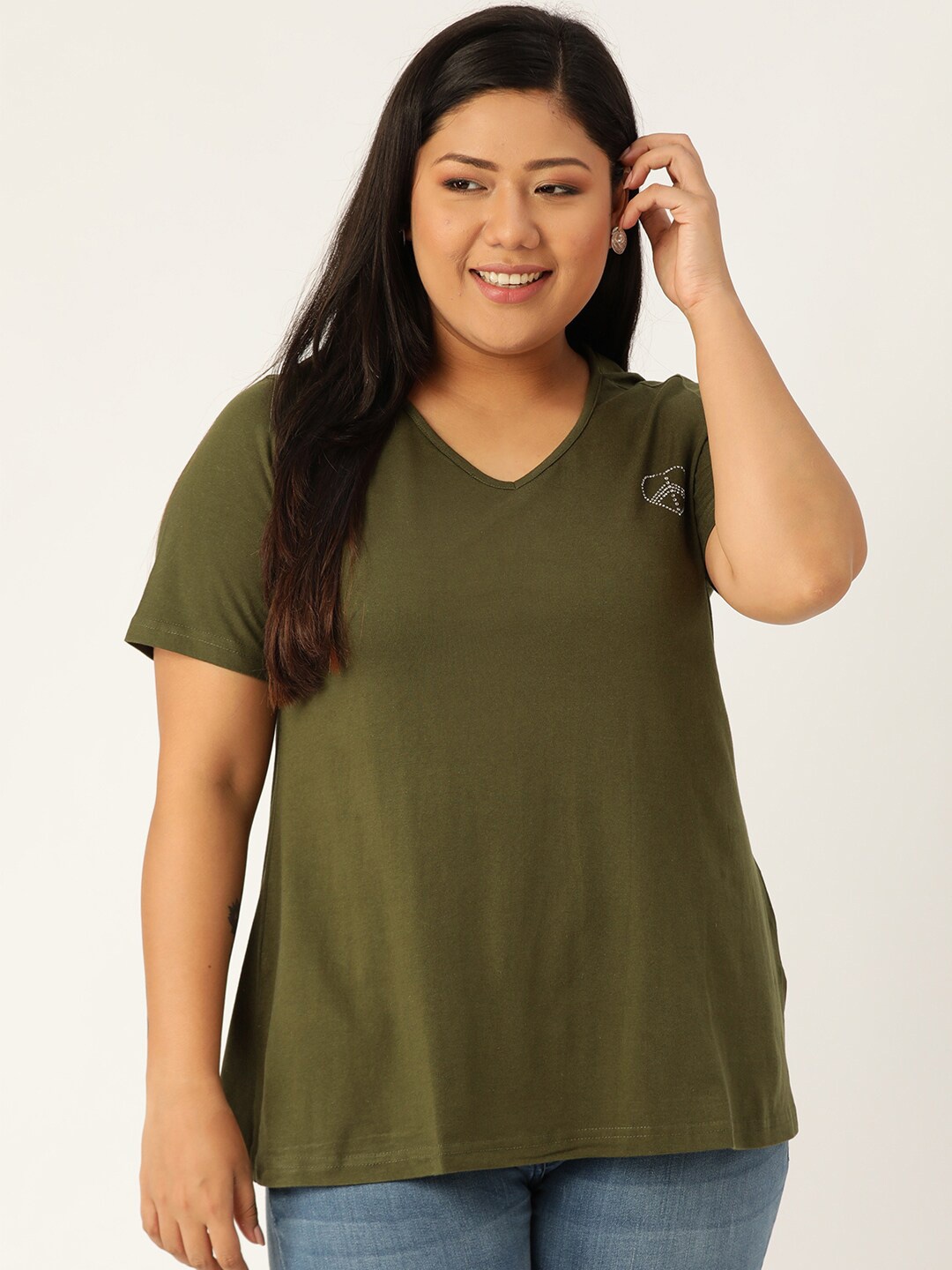 

theRebelinme Women Plus Size Olive Green Solid V-Neck T-shirt