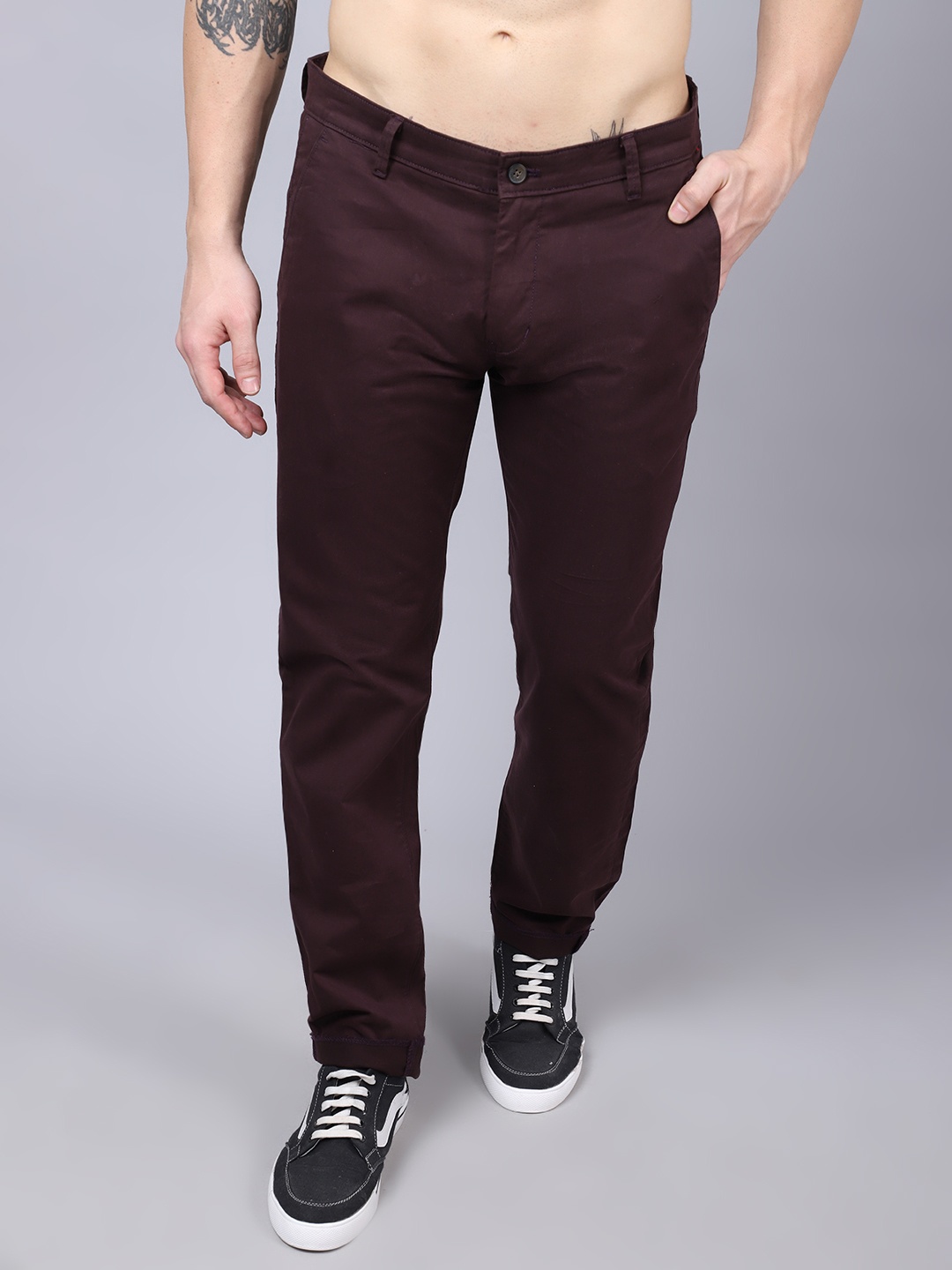 

Cantabil Men Maroon Wine Solid Chinos Trousers