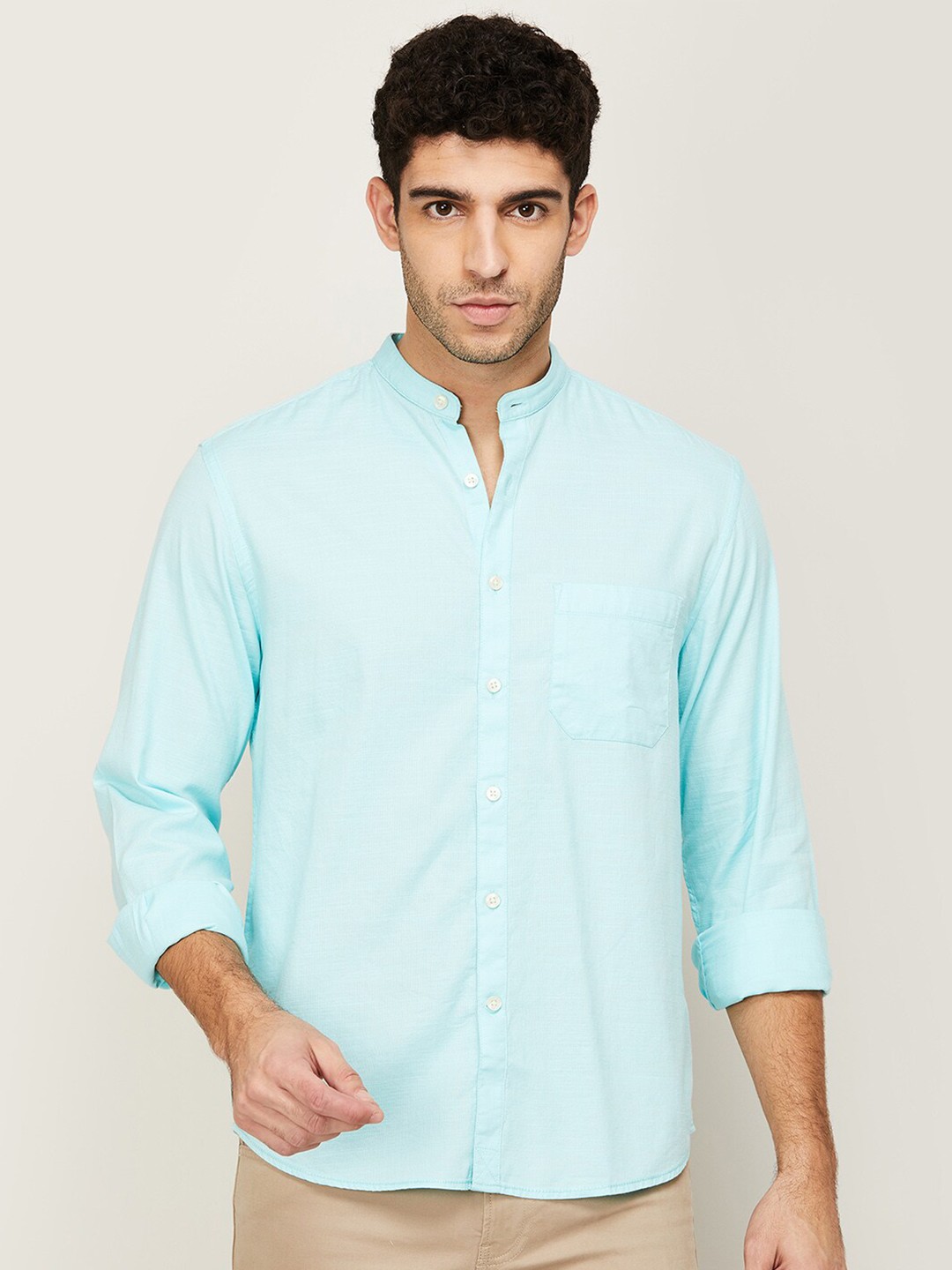 

CODE by Lifestyle Men Blue Solid Mandarin Collar Casual Cotton Shirt