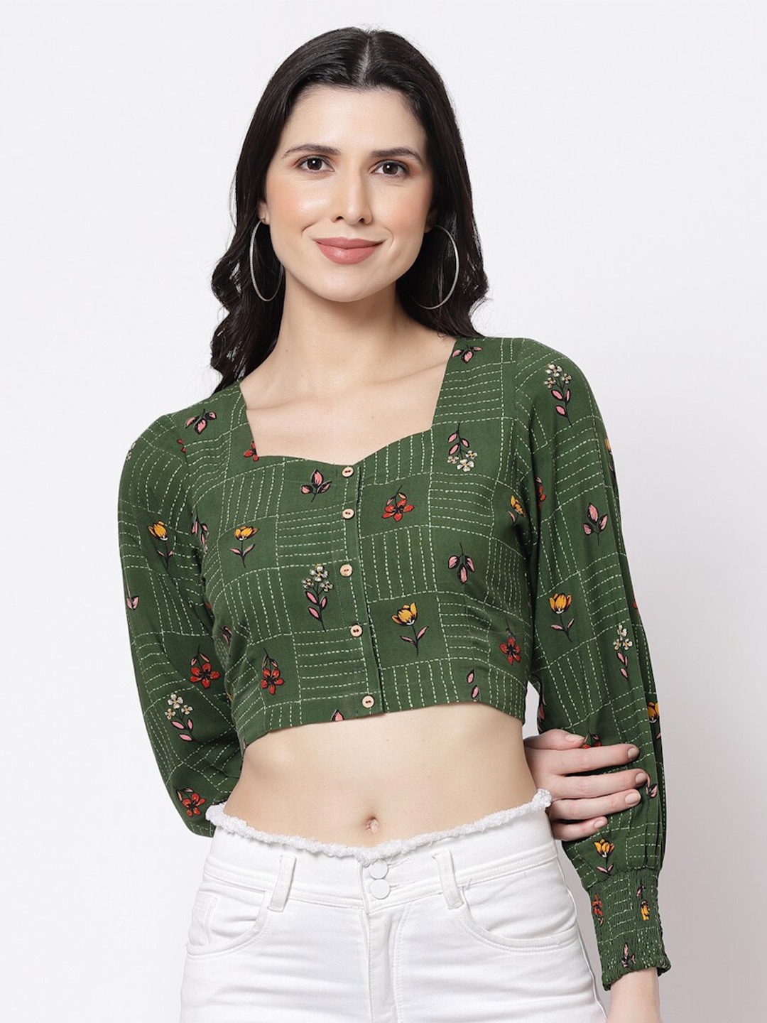 

bellamia Green Floral Print Liva Crop Top