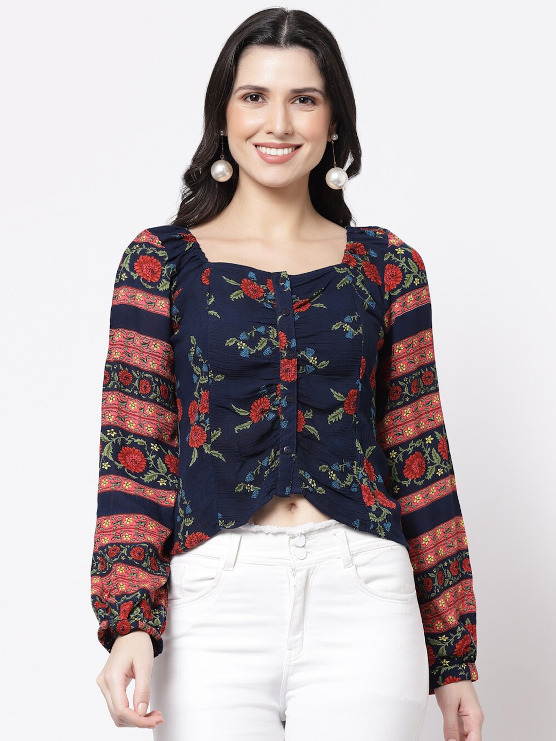 

bellamia women Navy Blue Floral Print Liva Crop Top