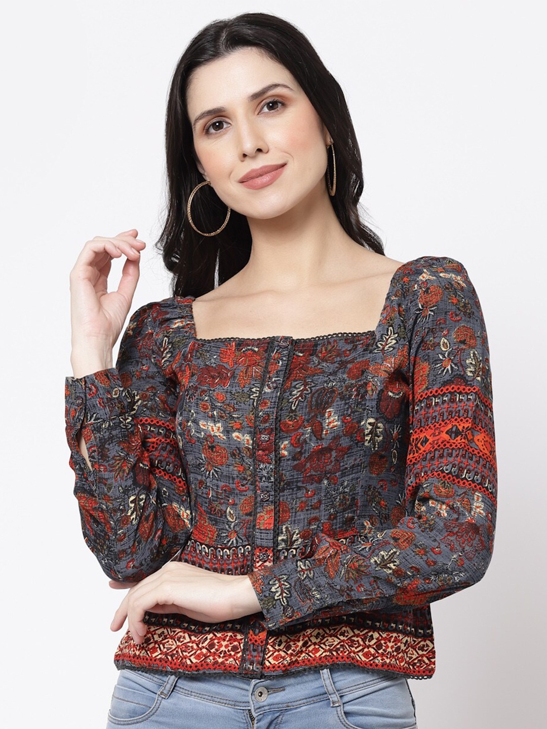 

bellamia Navy Blue & Maroon Print Liva Top