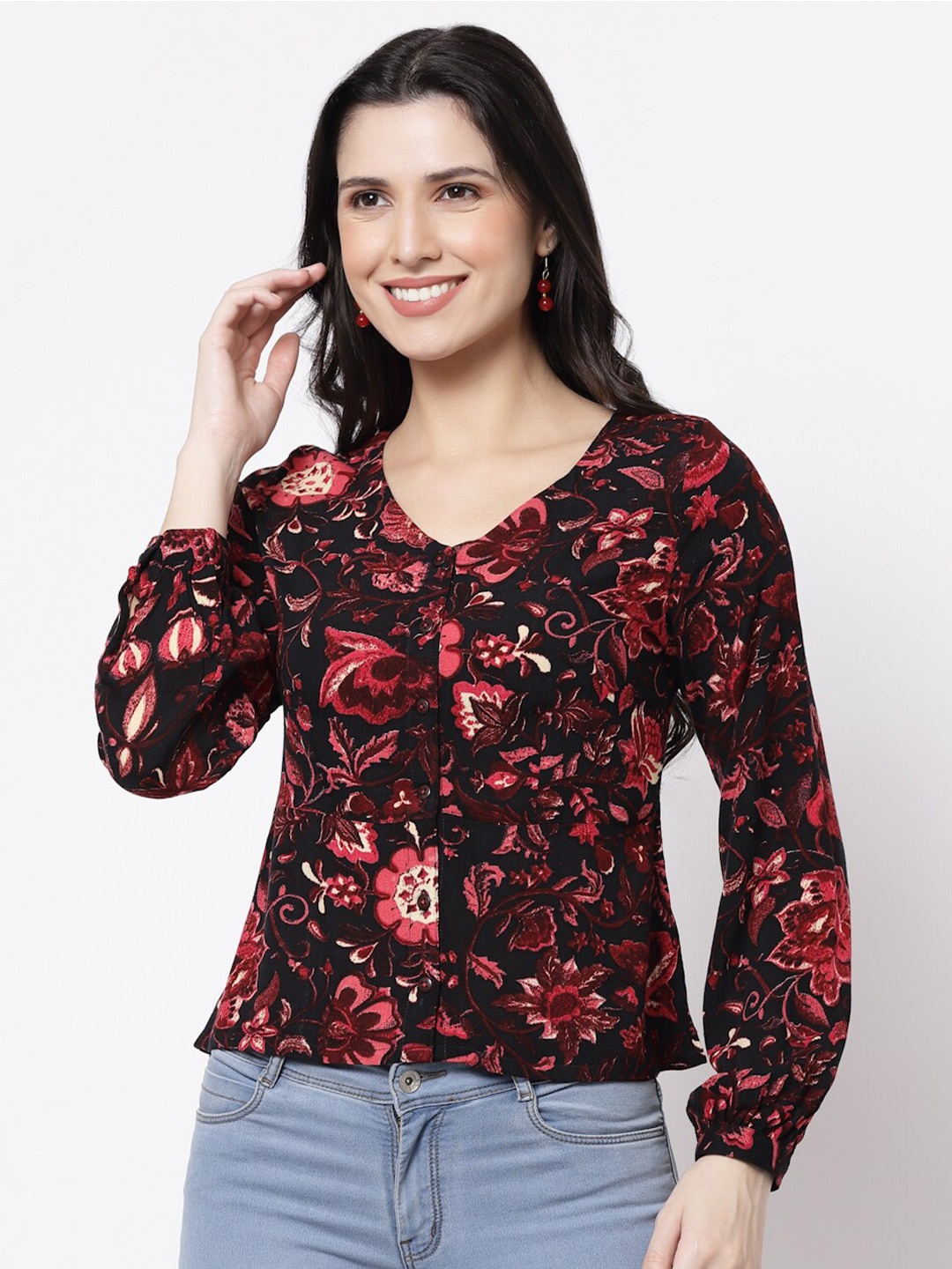 

bellamia Black & Red Floral Print V Neck Shirt Style Top