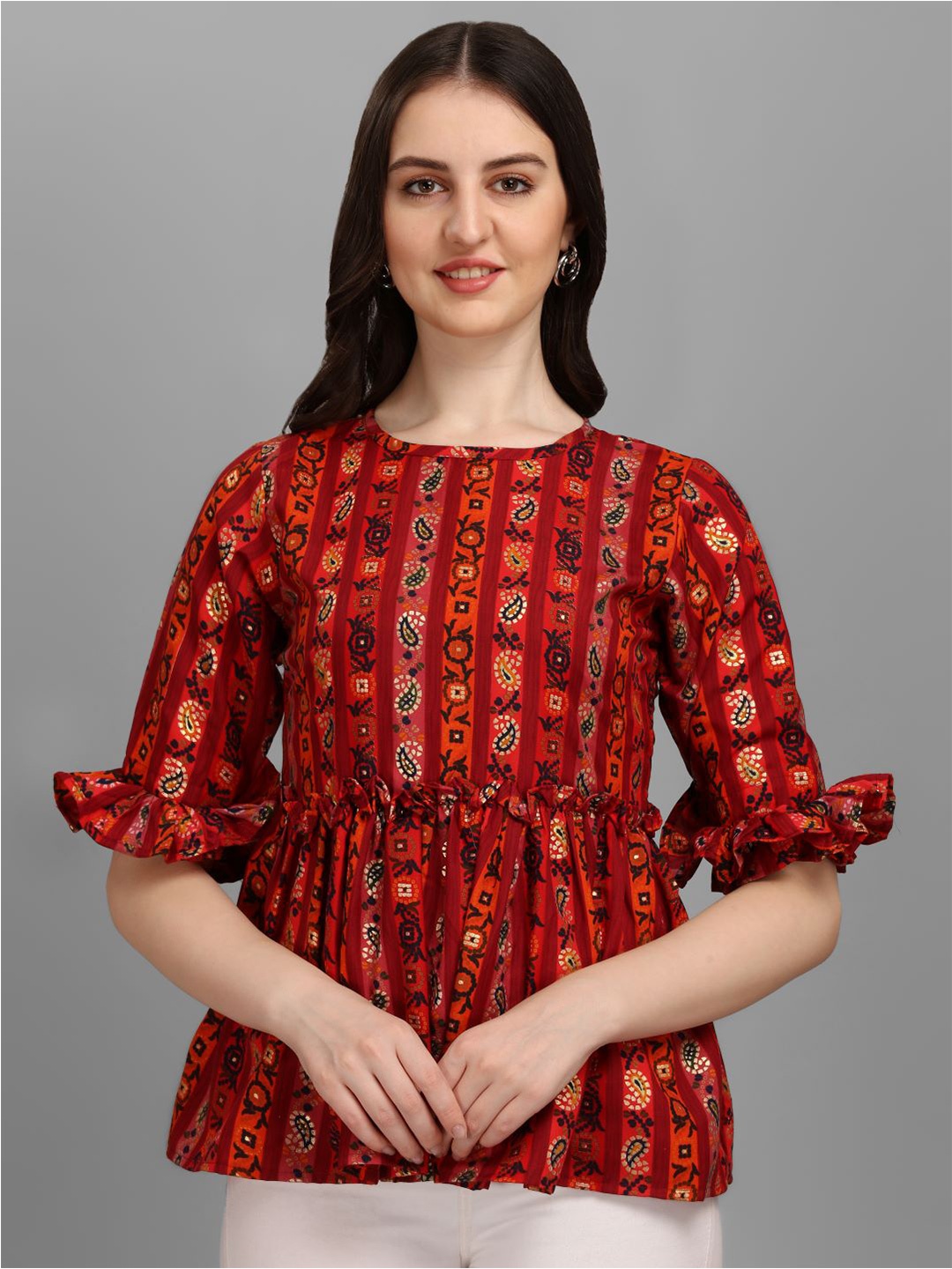 

GUFRINA Women Red Printed Bell Layered Sleeves Gathered Top