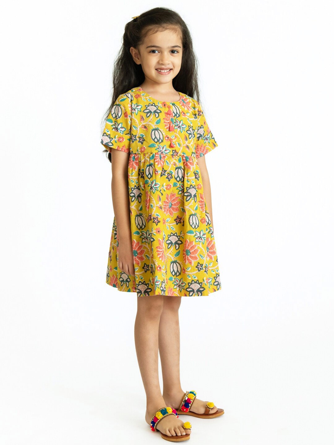 

Campana Girls Yellow Floral Printed A-Line Dress