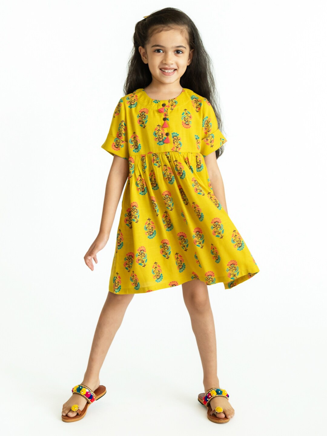 

Campana Girls Yellow Floral Printed A-Line Dress