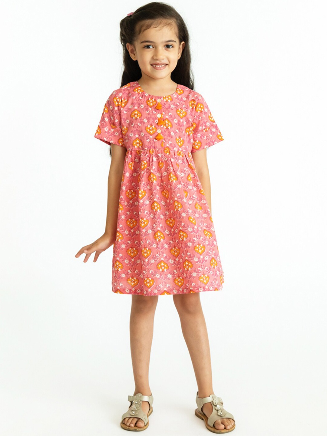 

Campana Girls Printed Knee Length Cotton A-Line Dress, Pink