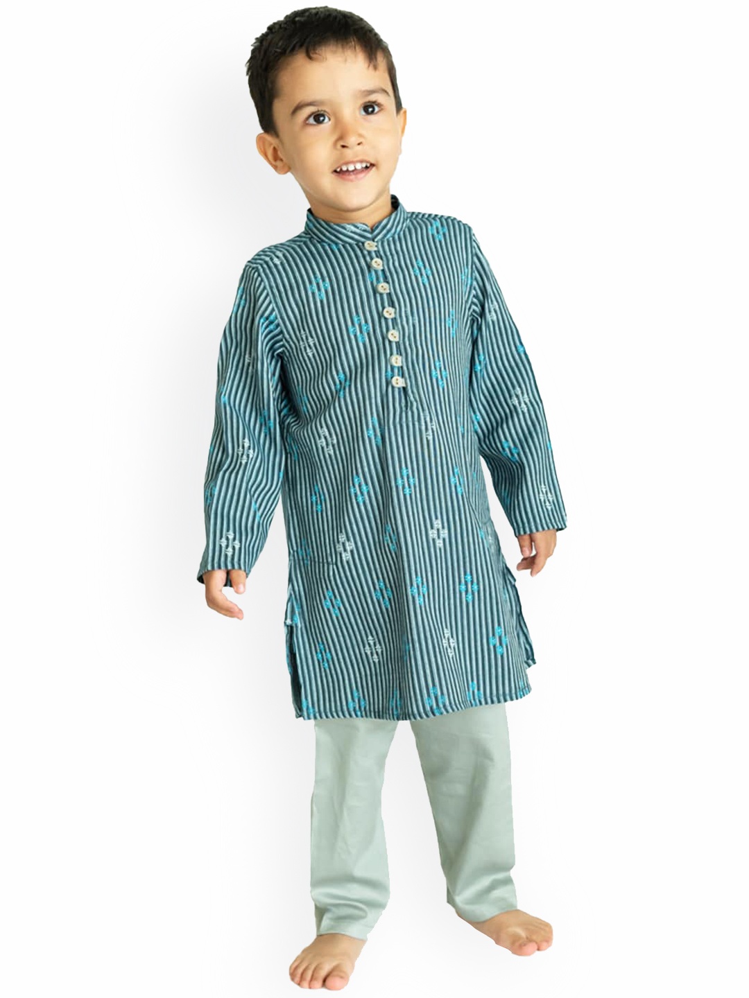 

Campana Boys Blue Striped Pleated Pure Cotton Kurti with Pyjamas